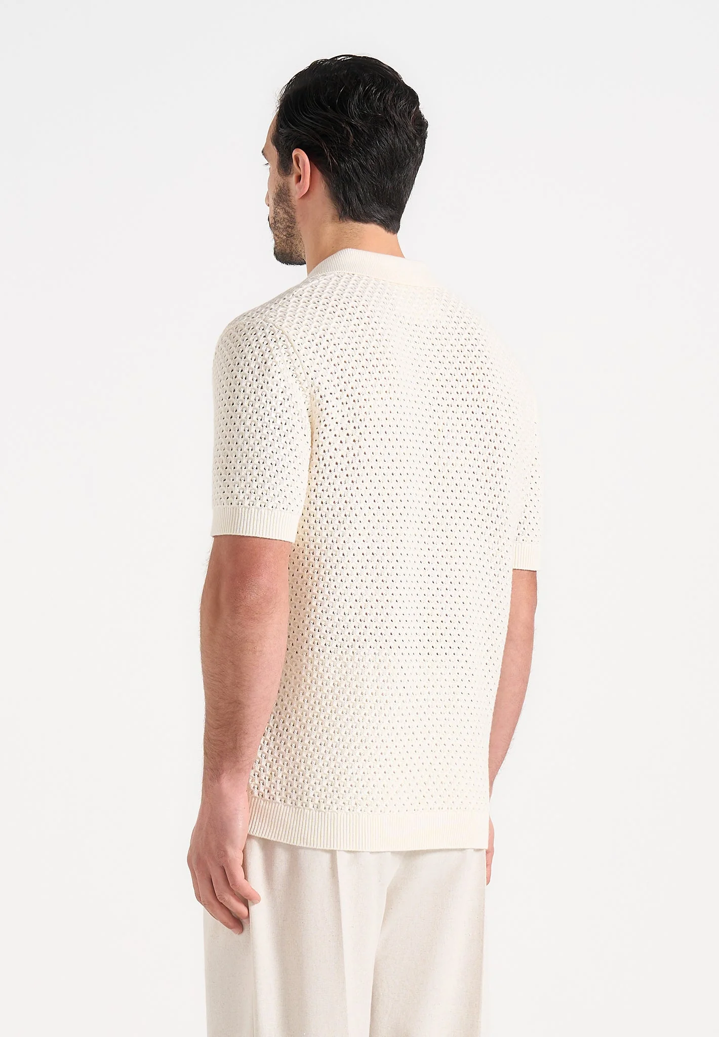 Conrad - Open Knit Polo Shirt - Cream - Image 4