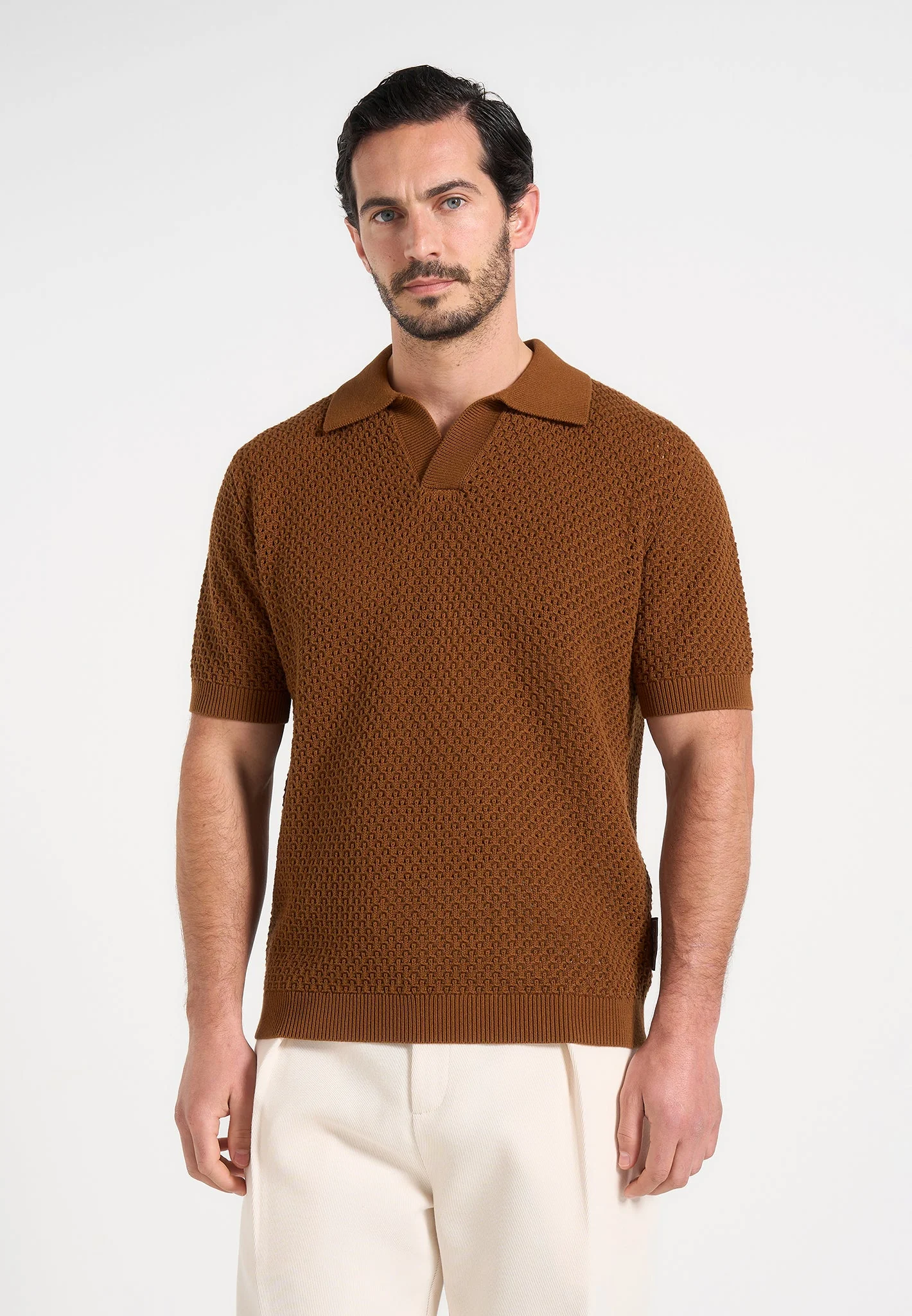 Conrad - Open Knit Polo Shirt - Fawn - Image 3