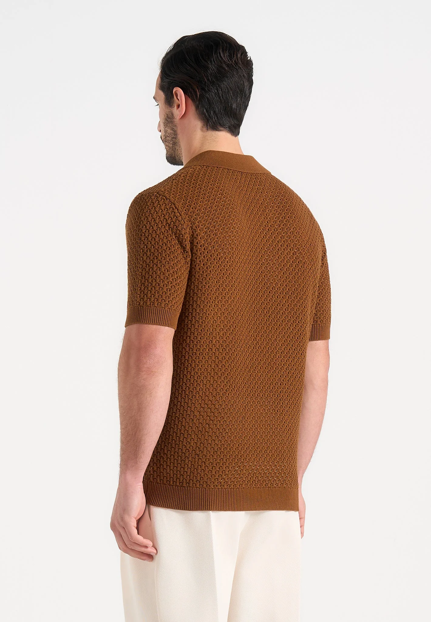 Conrad - Open Knit Polo Shirt - Fawn - Image 4