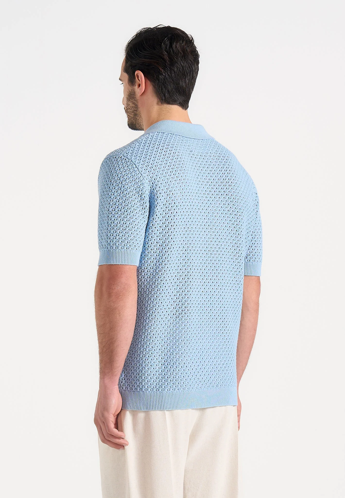 Conrad - Open Knit Polo Shirt - Pale Blue - Image 3