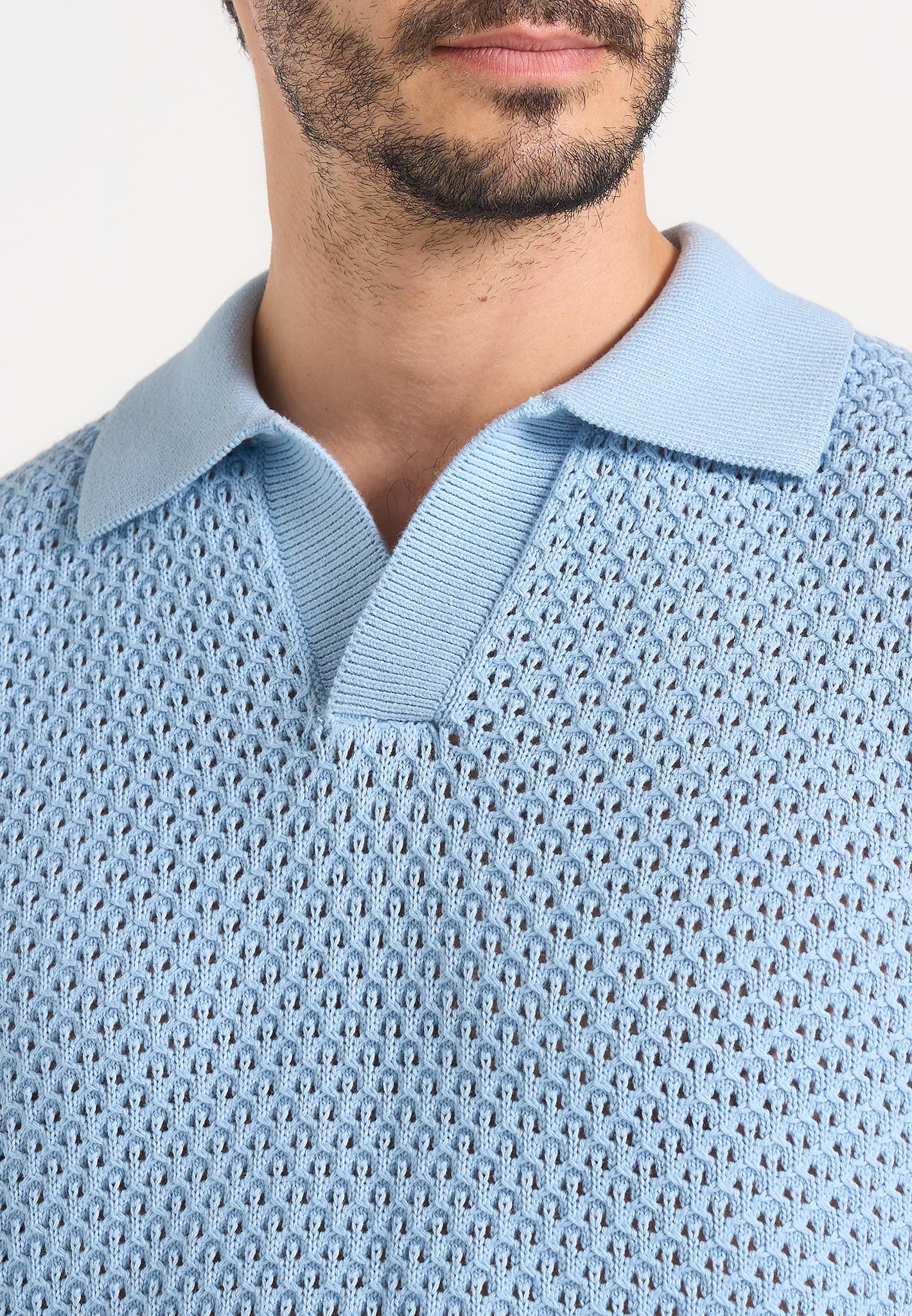 Conrad - Open Knit Polo Shirt - Pale Blue - Image 4