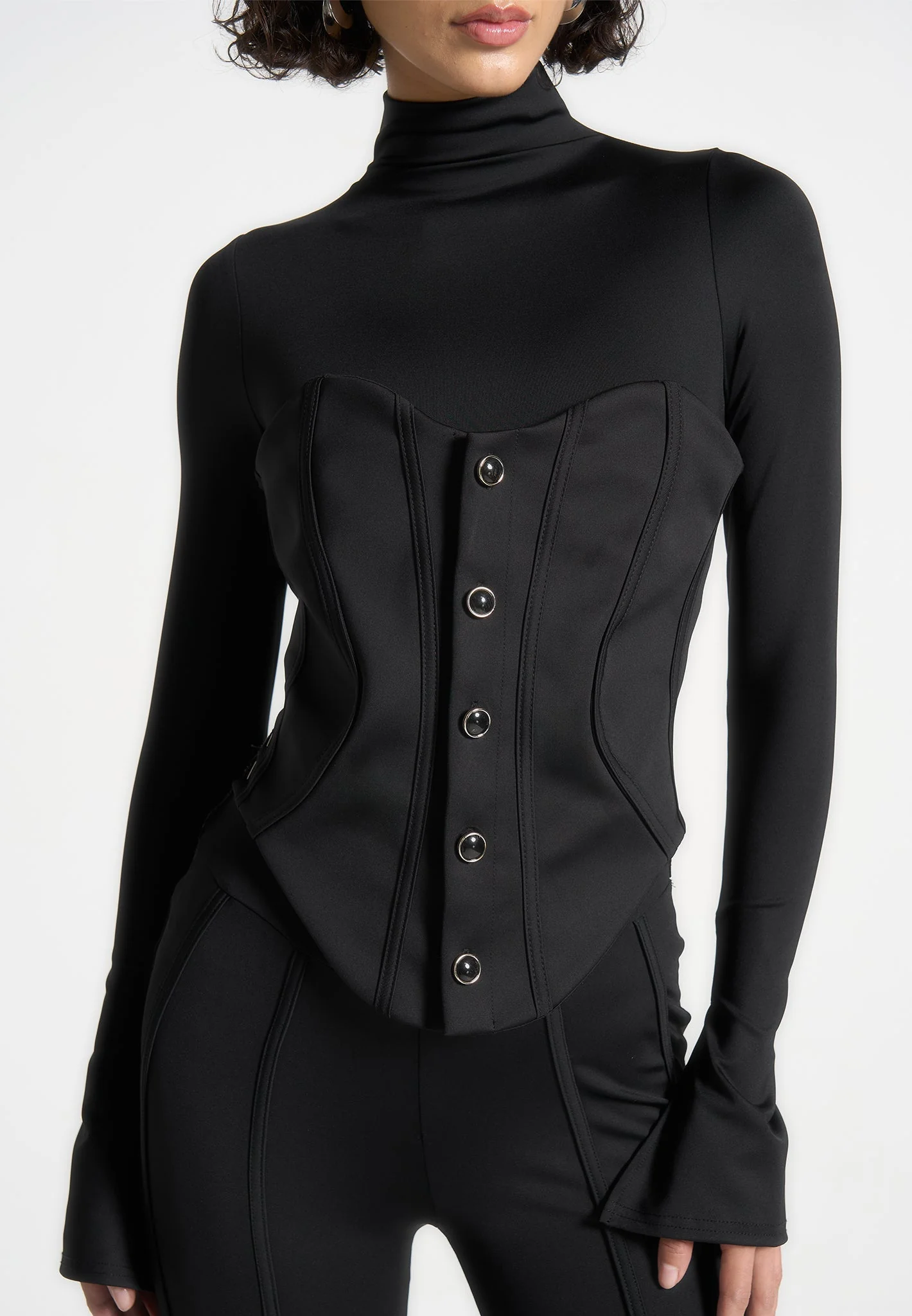 Contour Jumpsuit with Buttoned Corset - Black - Image 3