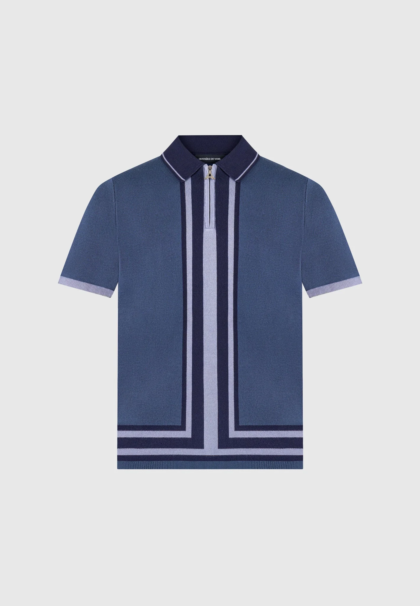 Contrast Border Knit Zip Polo Shirt - Blue - Image 3