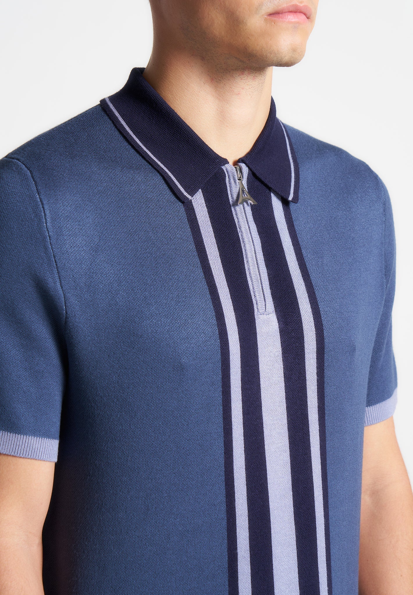 Contrast Border Knit Zip Polo Shirt - Blue - Image 4