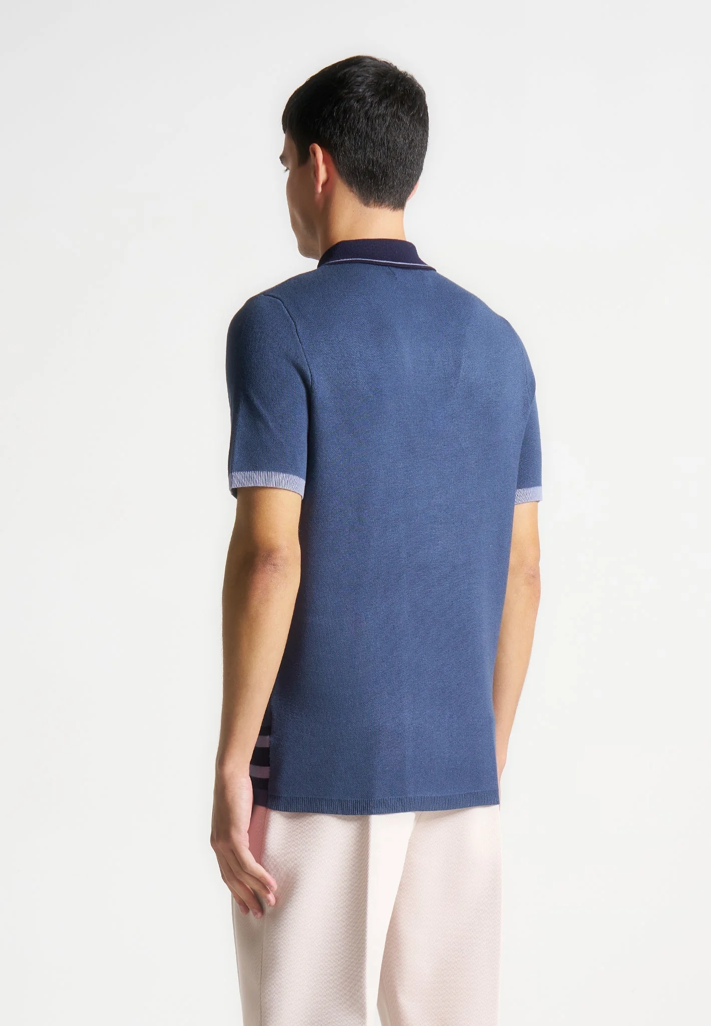 Contrast Border Knit Zip Polo Shirt - Blue - Image 5