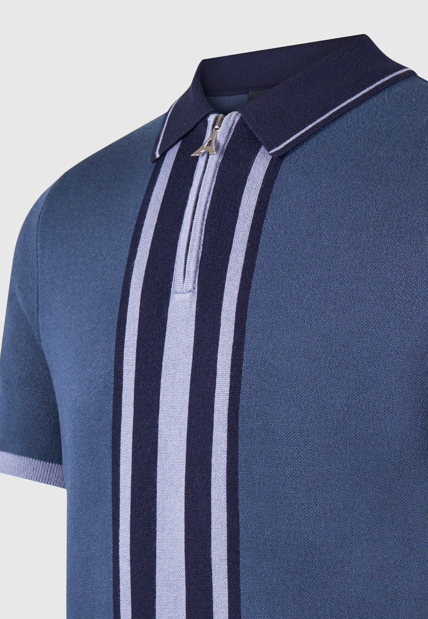 Contrast Border Knit Zip Polo Shirt - Blue - Image 6