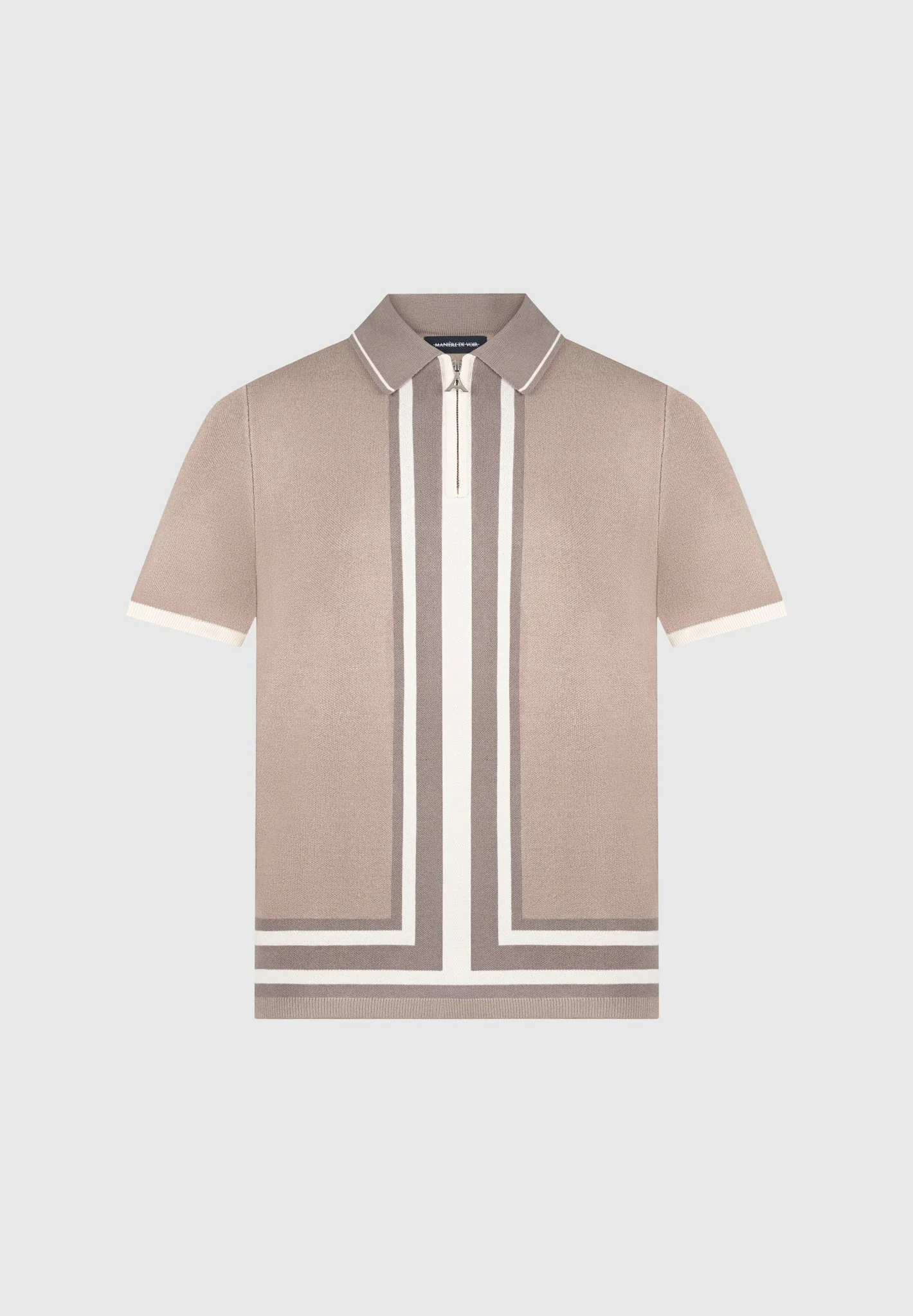 Contrast Border Knit Zip Polo Shirt - Taupe - Image 3