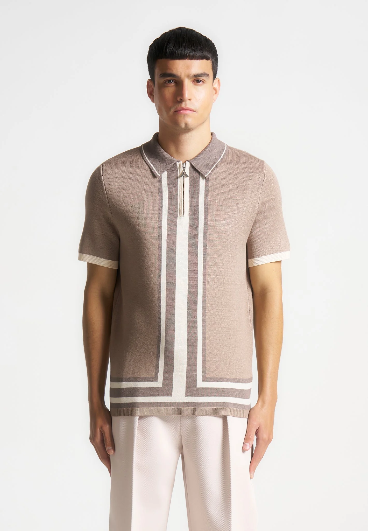 Contrast Border Knit Zip Polo Shirt - Taupe - Image 4