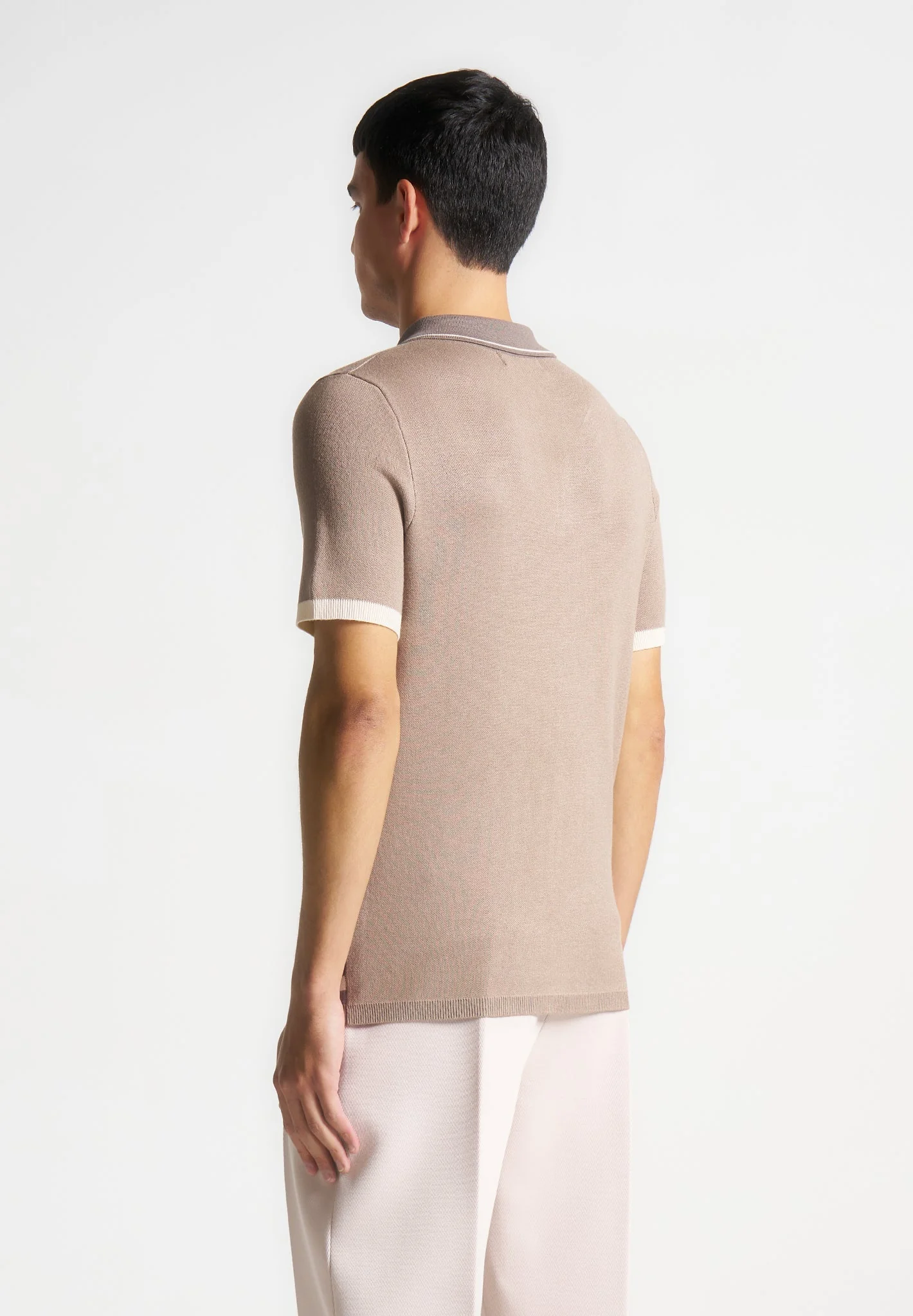 Contrast Border Knit Zip Polo Shirt - Taupe - Image 5