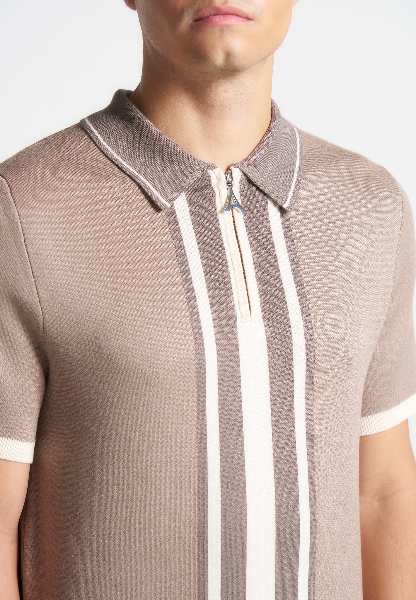 Contrast Border Knit Zip Polo Shirt - Taupe - Image 6