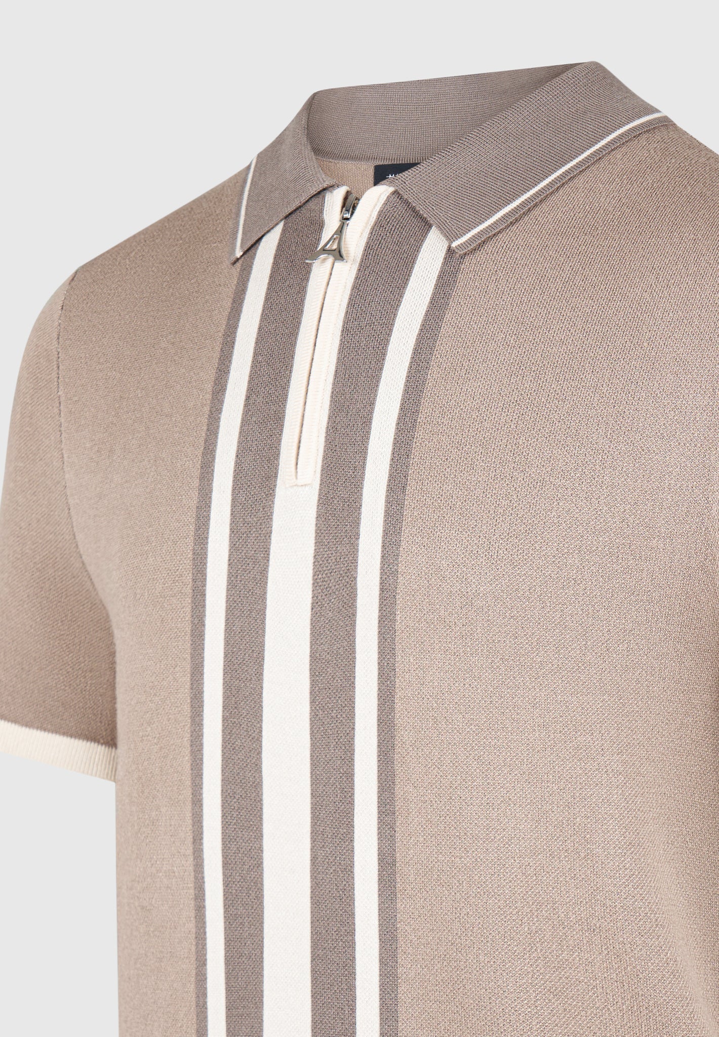 Contrast Border Knit Zip Polo Shirt - Taupe - Image 7