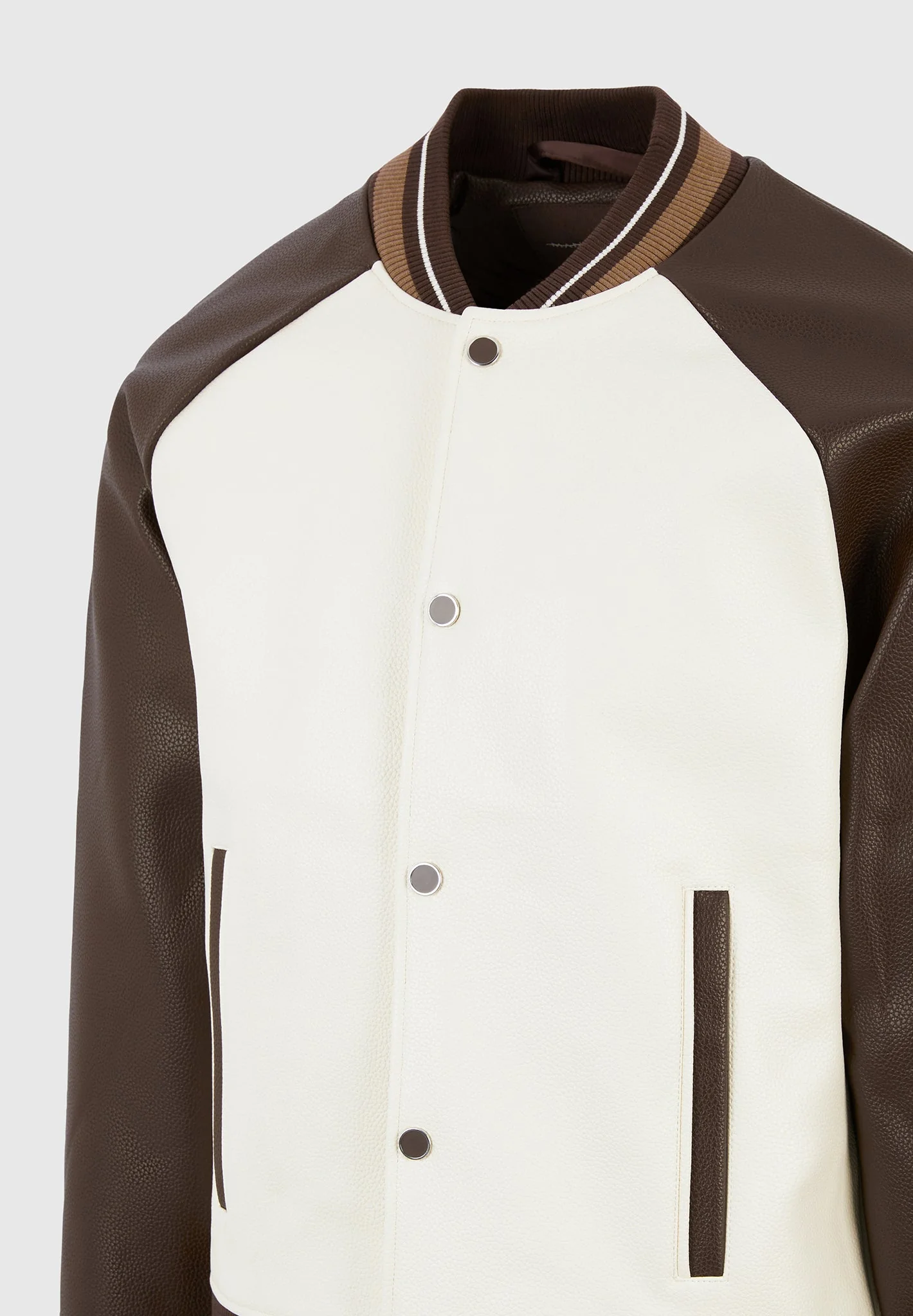 Guy - Contrast Leather Bomber Jacket - Cream/Brown - Image 8