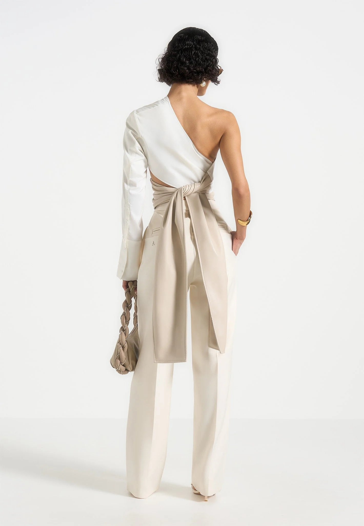 Coralie - One Sleeve Leather Wrap Top - White - Image 2