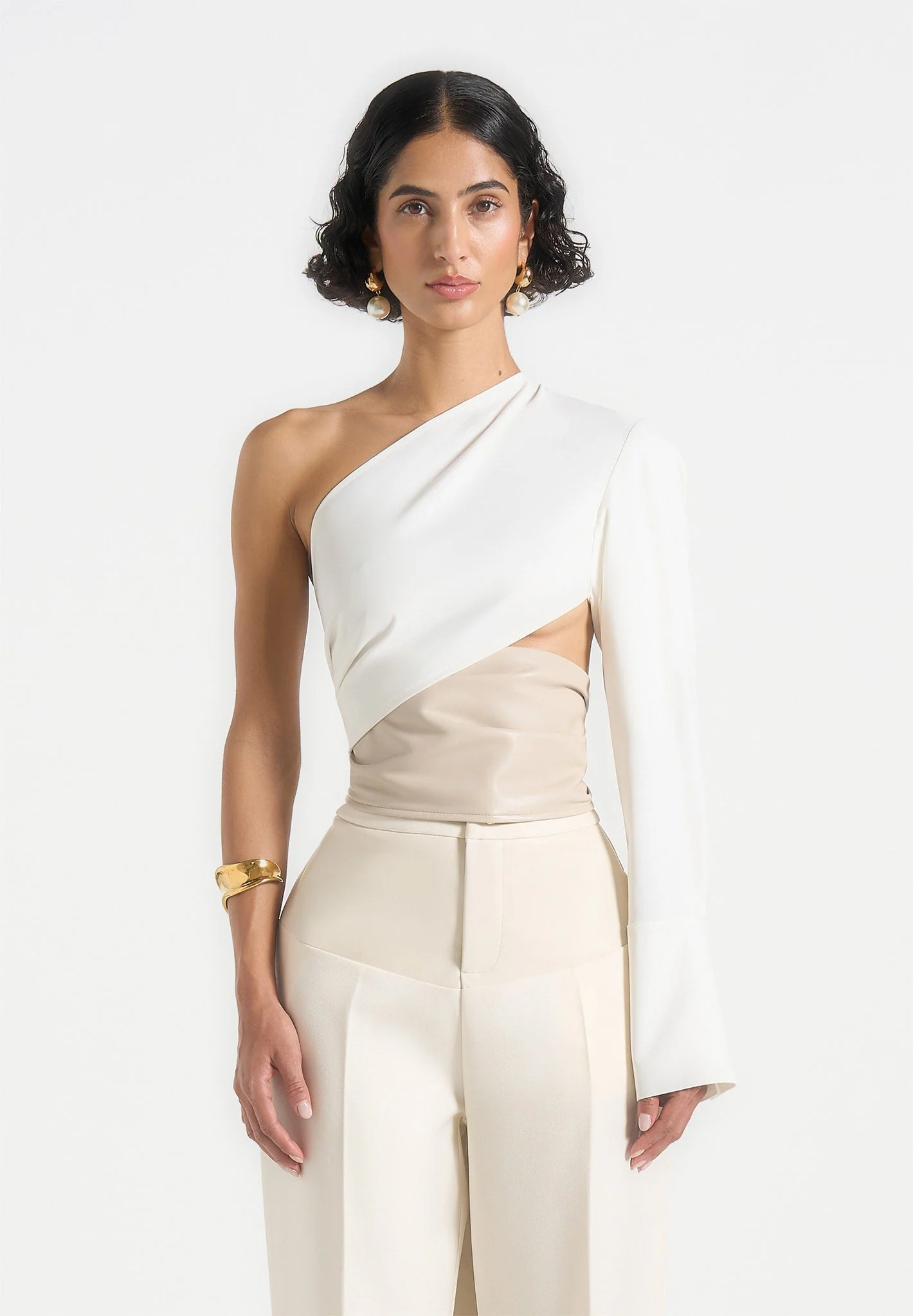 Coralie - One Sleeve Leather Wrap Top - White - Image 3