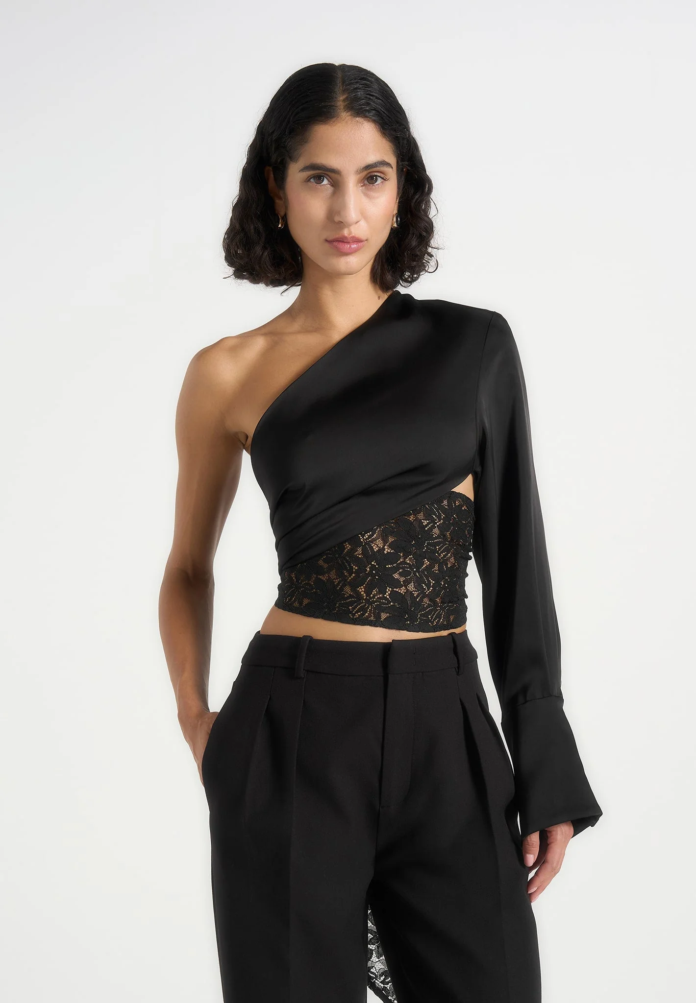 Coralie - One Sleeve Satin and Lace Wrap Top - Black - Image 3