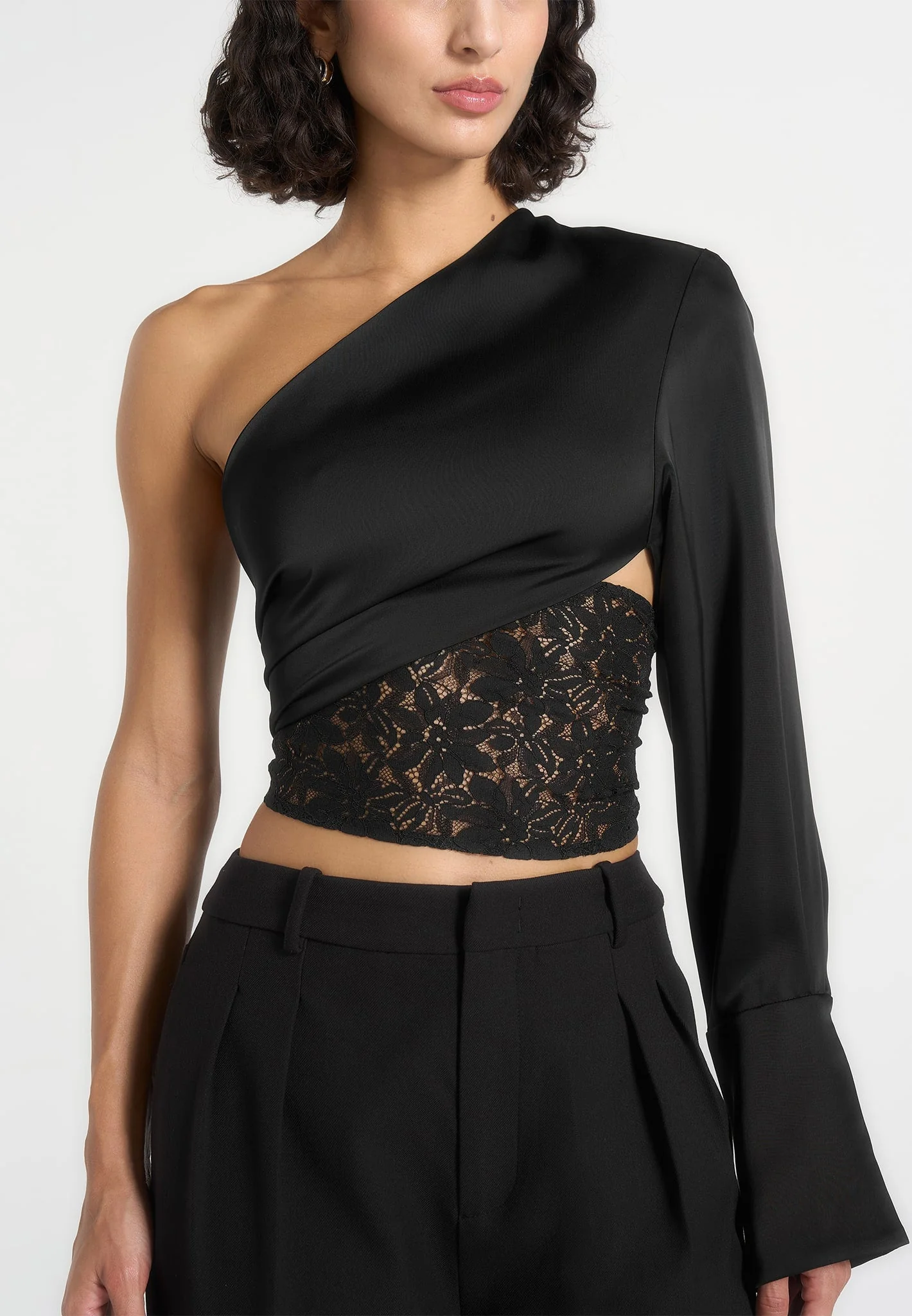 Coralie - One Sleeve Satin and Lace Wrap Top - Black - Image 4