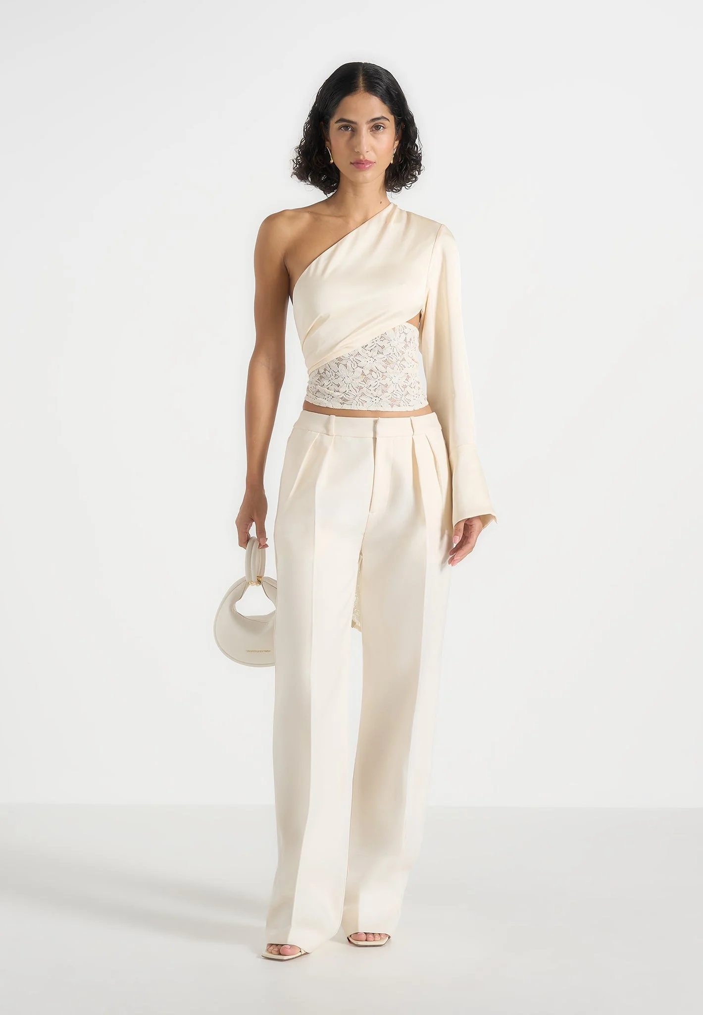 Coralie - One Sleeve Satin and Lace Wrap Top - Champagne - Image 3