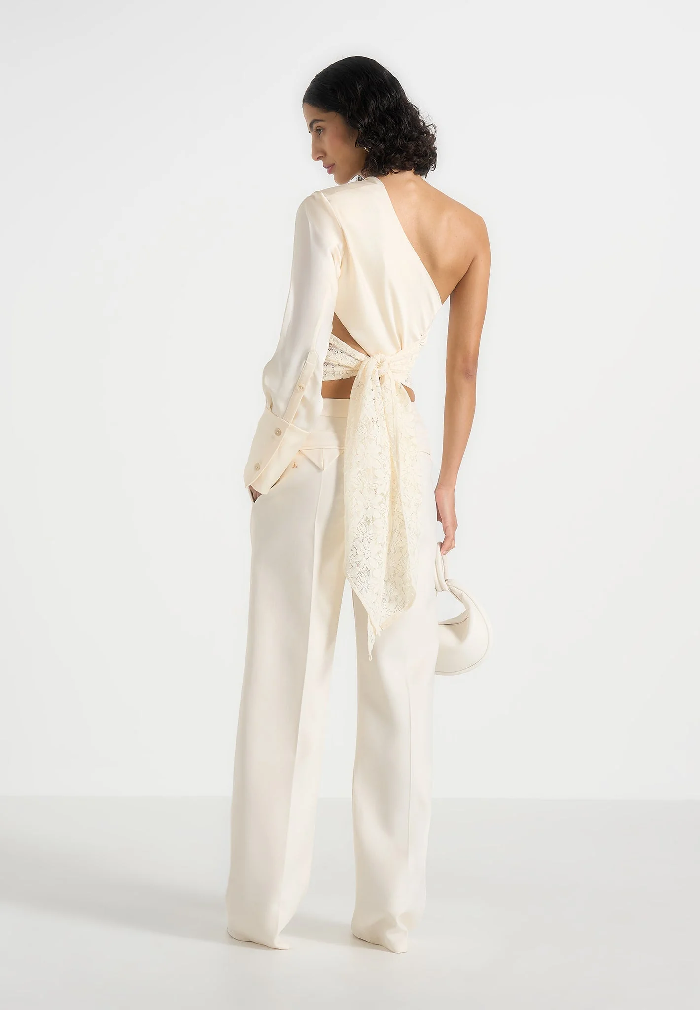 Coralie - One Sleeve Satin and Lace Wrap Top - Champagne - Image 4