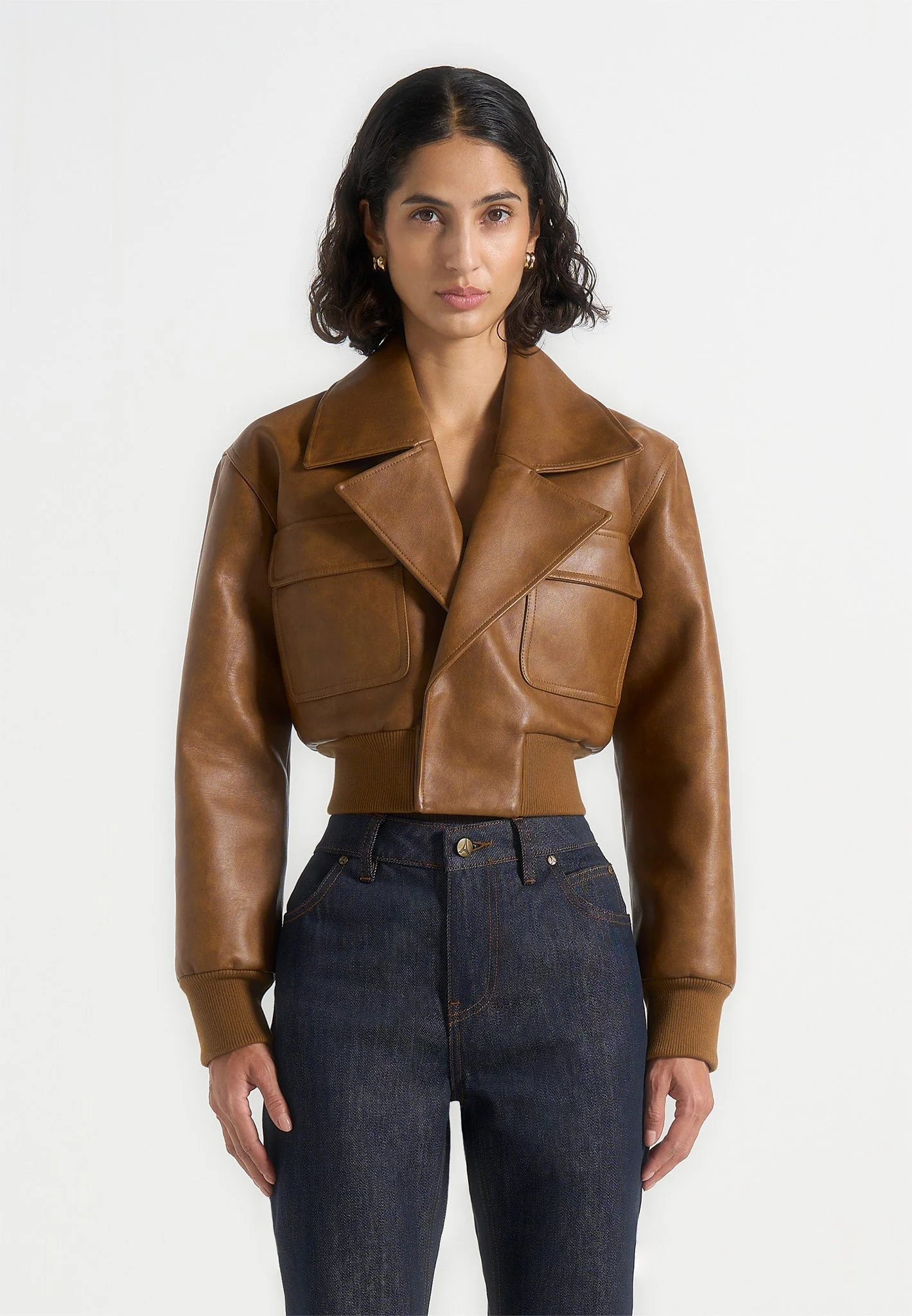 Cosette - Vintage Leather Lapel Bomber Jacket - Brown - Image 5
