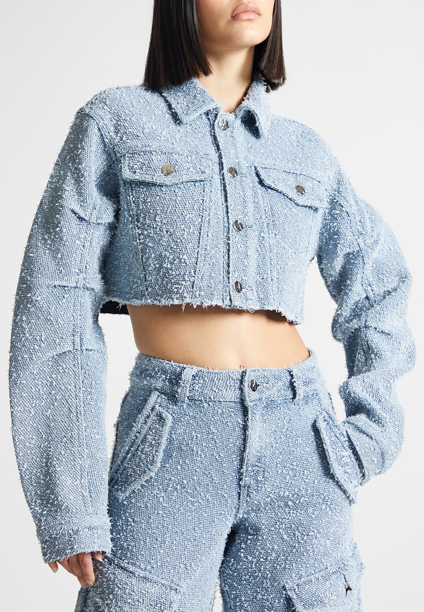 Catherine - Denim Cropped Boucle Jacket - Mid Blue - Image 3