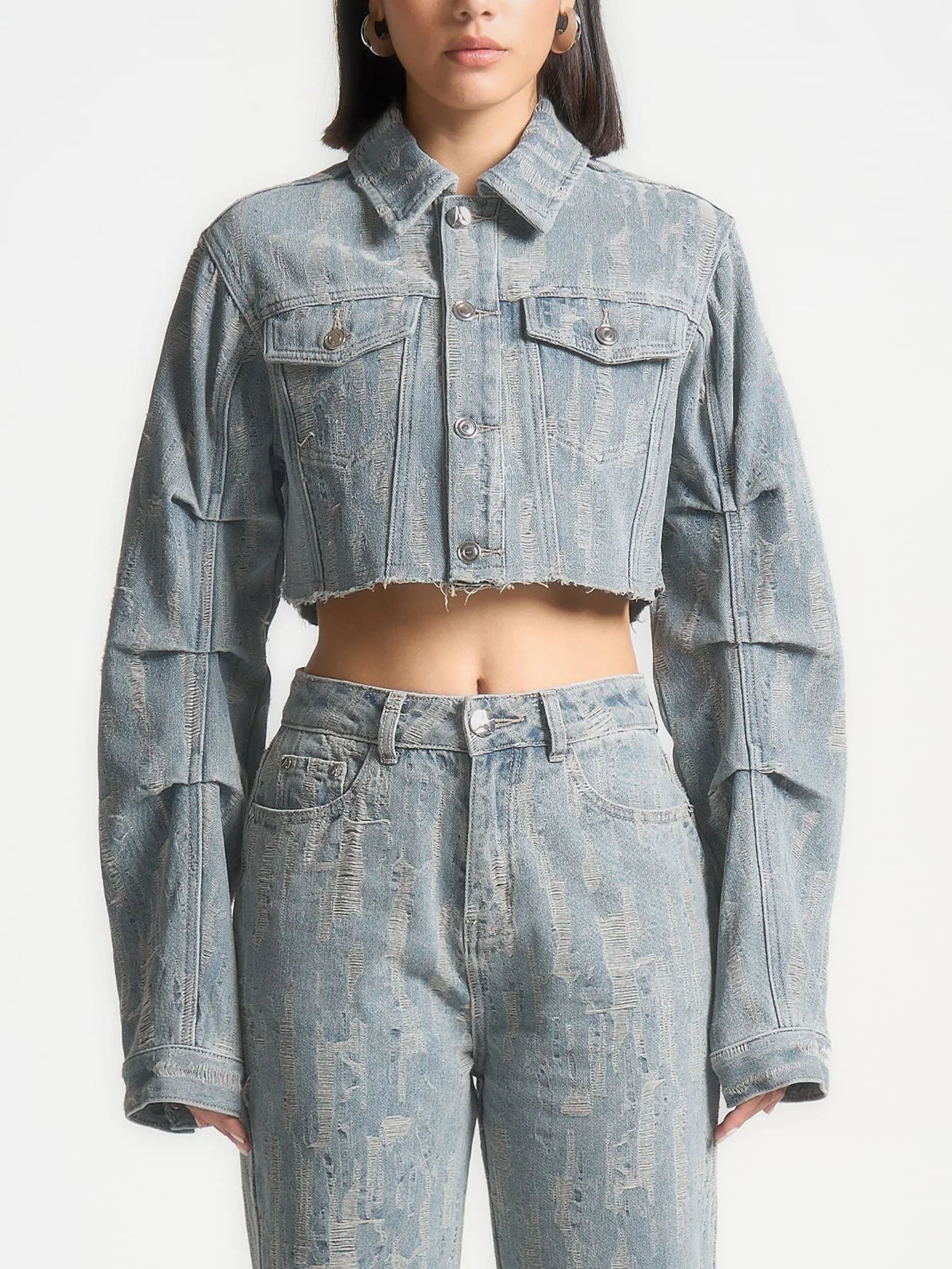 Alice -  Cropped Distressed Denim Jacket - Mid Blue