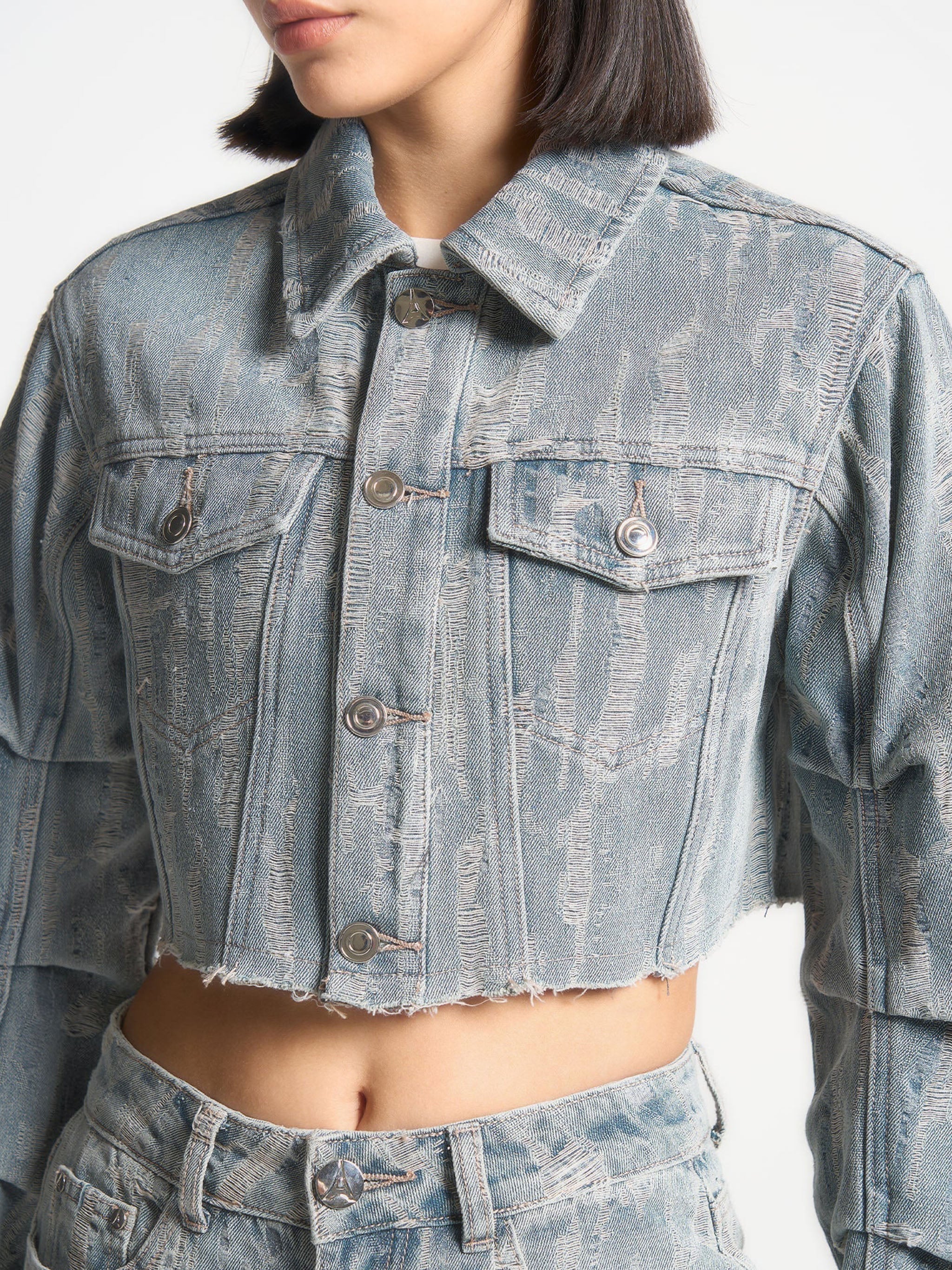 Alice -  Cropped Distressed Denim Jacket - Mid Blue - Image 3