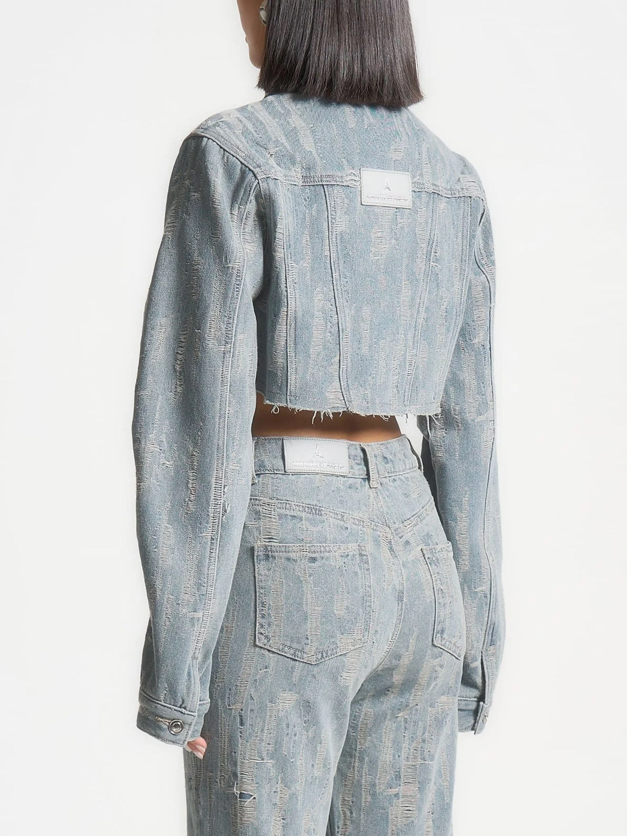 Alice -  Cropped Distressed Denim Jacket - Mid Blue - Image 4