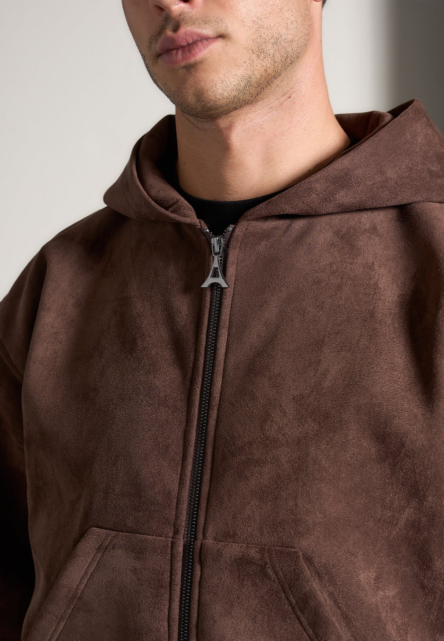 Cropped Suede Hoodie - Brown - Image 5