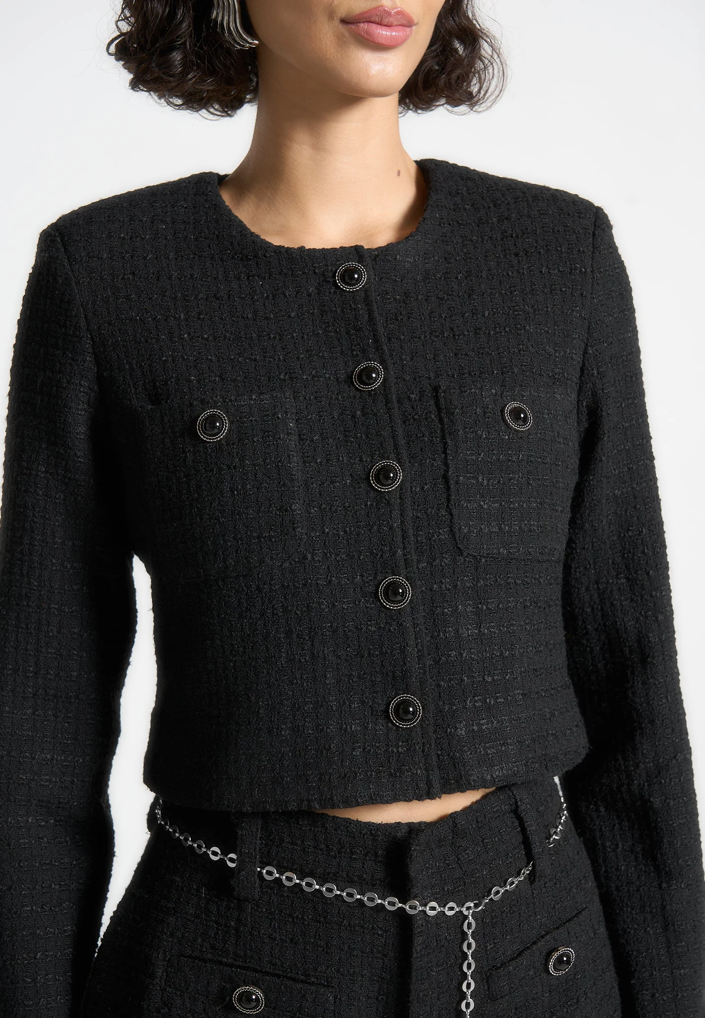 Celine - Cropped Tweed Jacket with Pearls - Black - Image 4