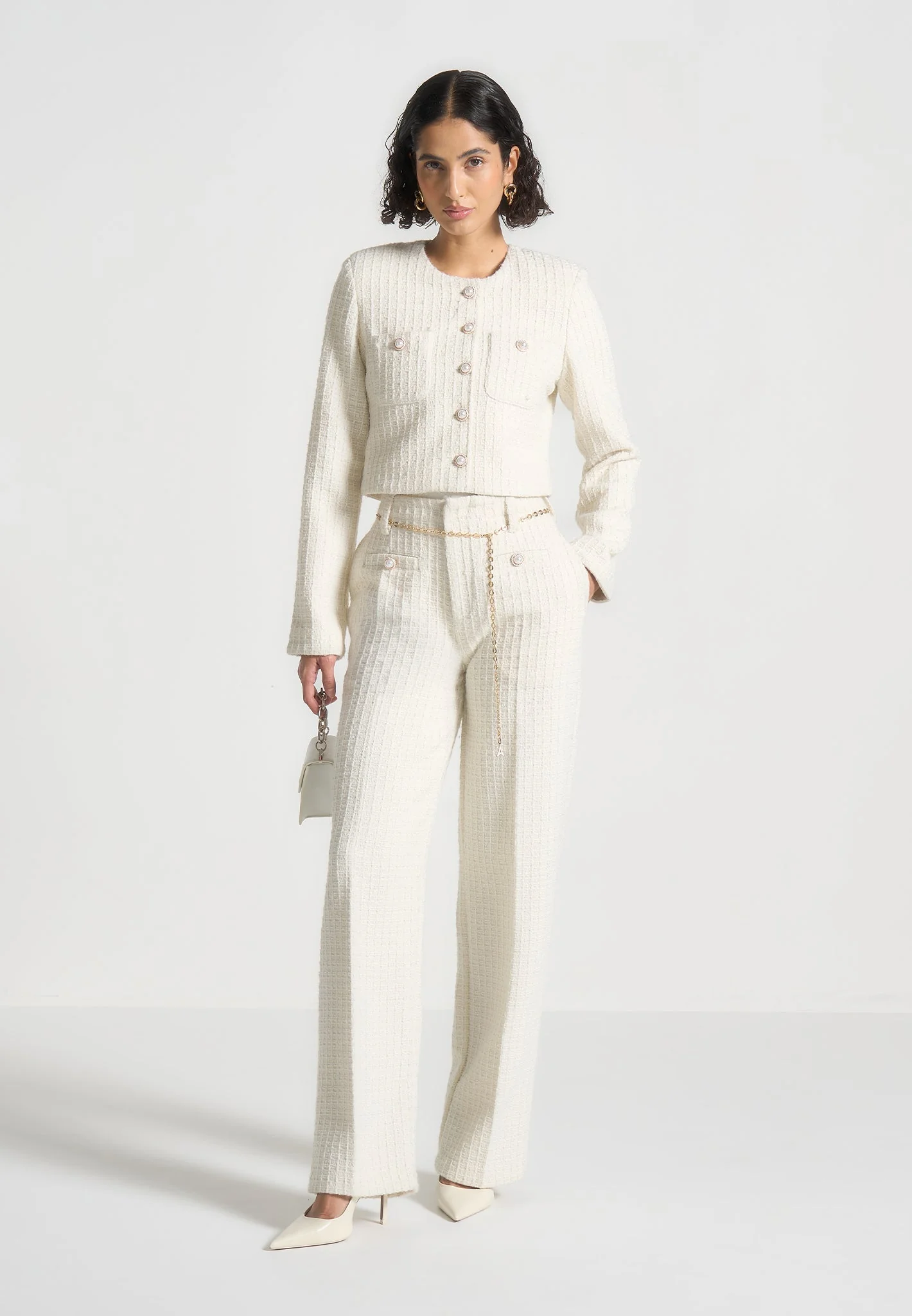 Celine - Cropped Tweed Jacket with Pearls - Cream - Image 2