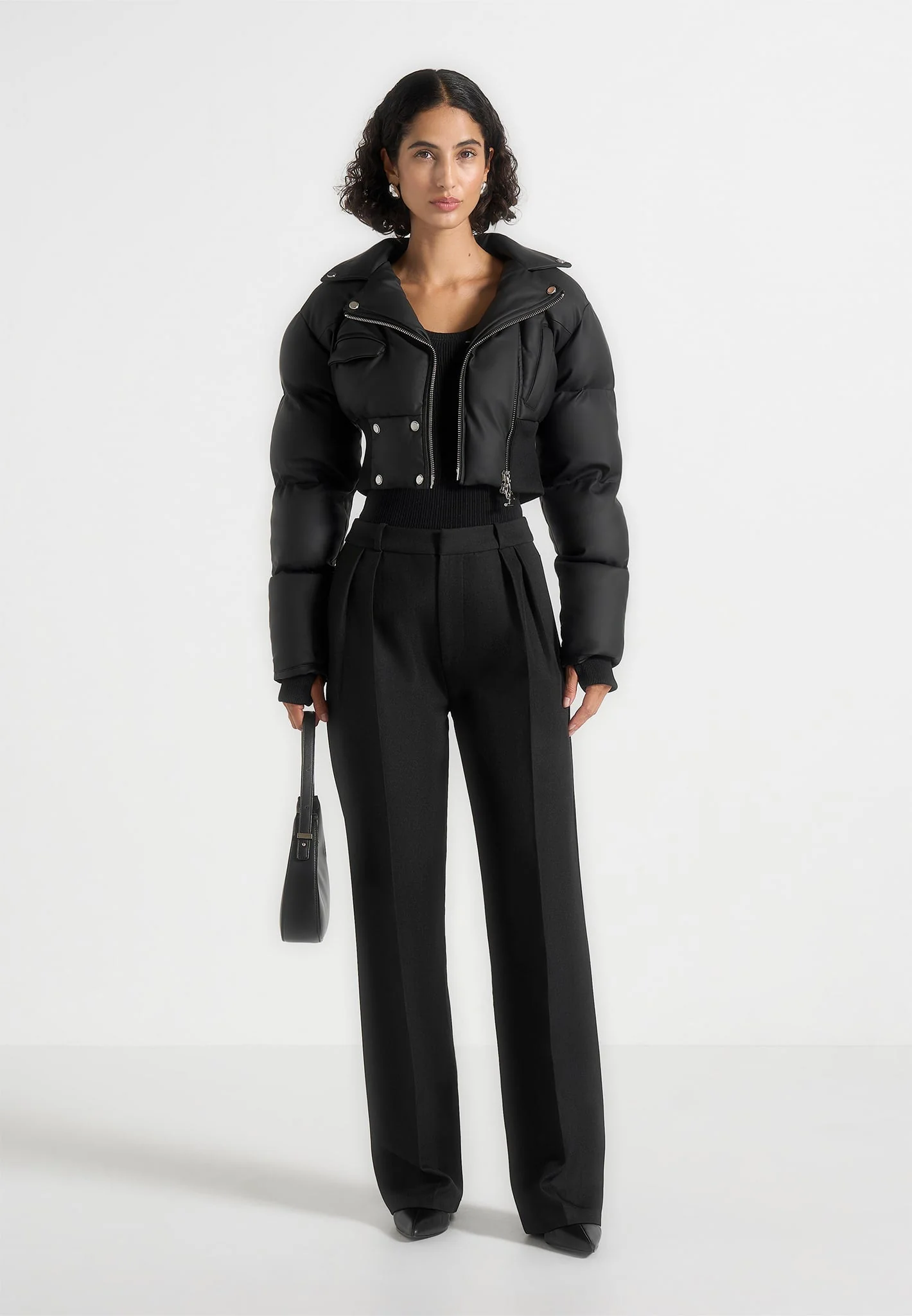 Dalya - Matte Cropped Biker Puffer Jacket - Black - Image 2
