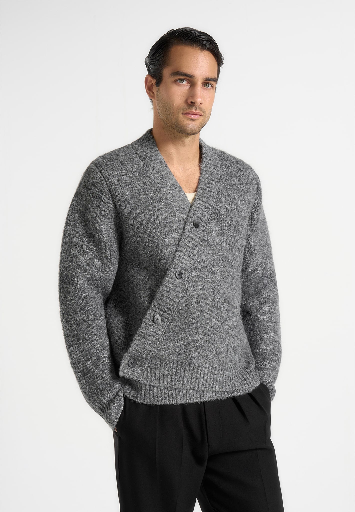 Dani - Unisex Asymmetric Brushed Knit Cardigan - Grey - Image 4