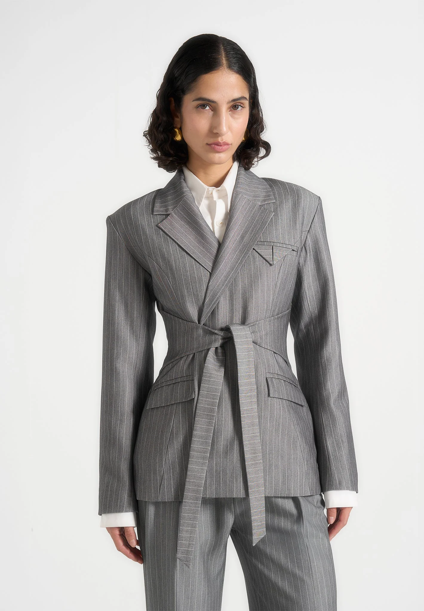 Delphine - Pinstripe Wrap Tie Blazer - Grey