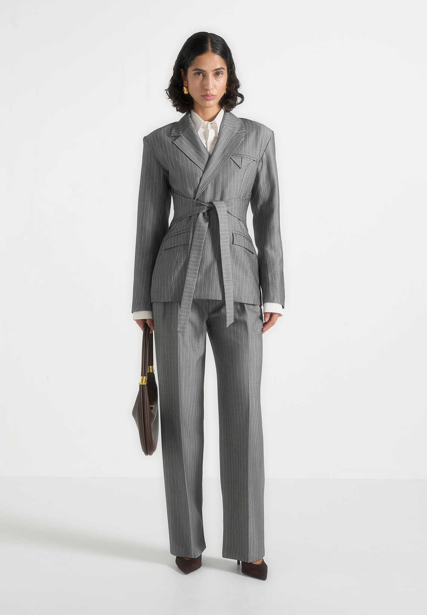Delphine - Pinstripe Wrap Tie Blazer - Grey - Image 2