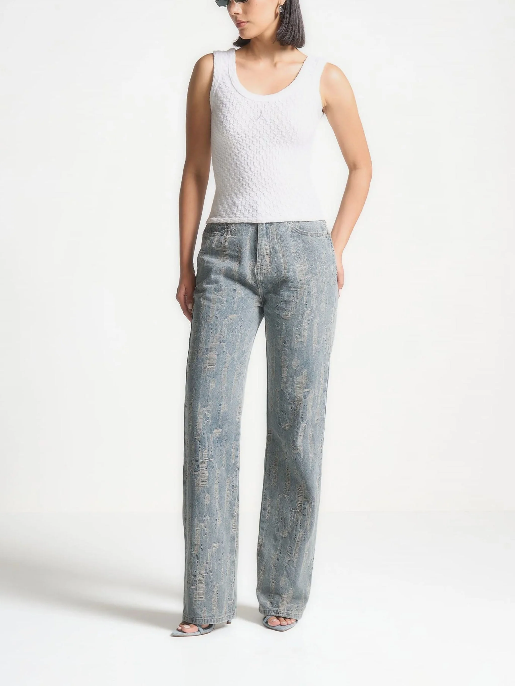 Posie - Distressed High Rise Straight Leg Jeans - Mid Blue - Image 3