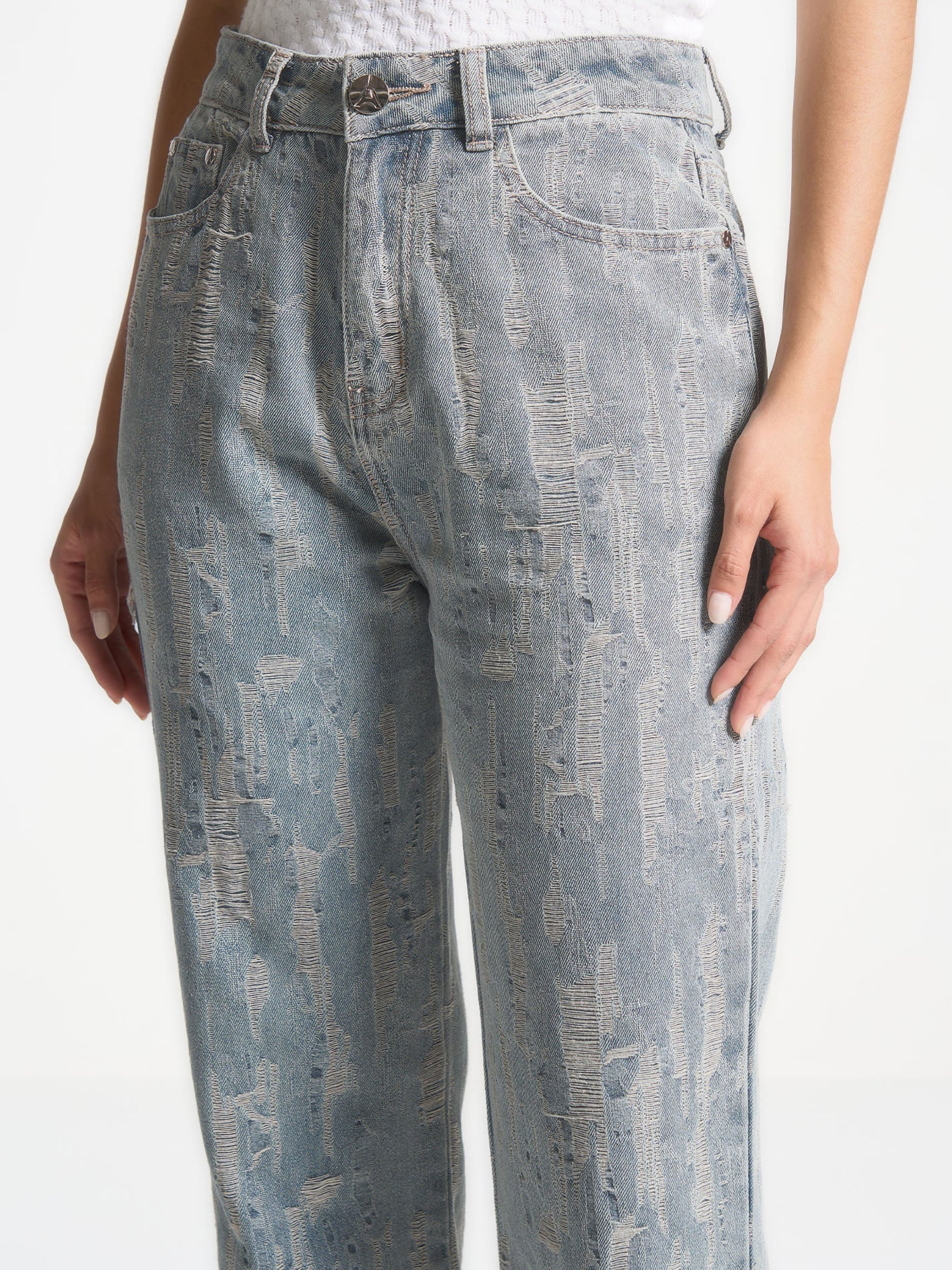 Posie - Distressed High Rise Straight Leg Jeans - Mid Blue - Image 5