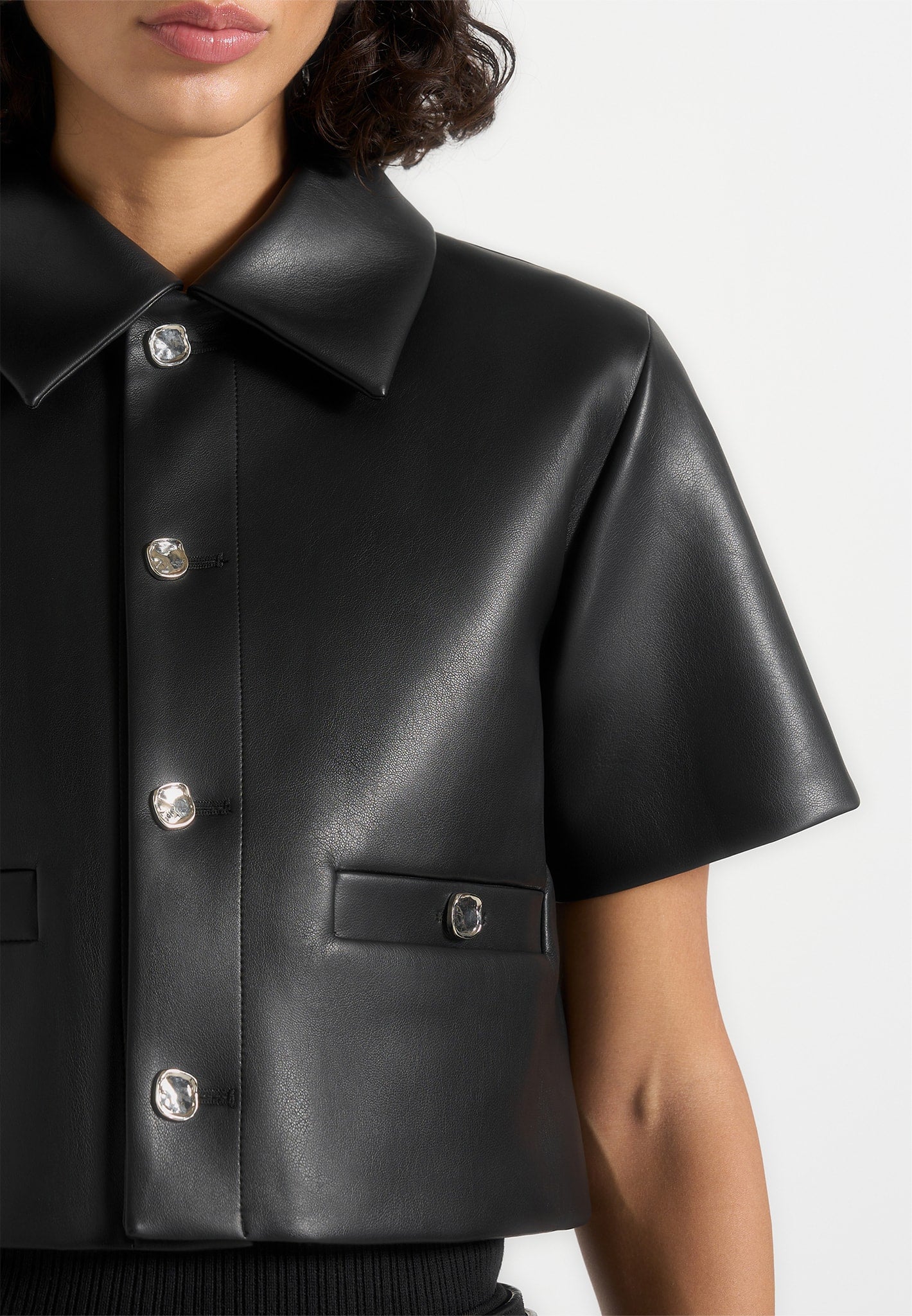 Dory - Leather Cropped Shirt - Black - Image 3