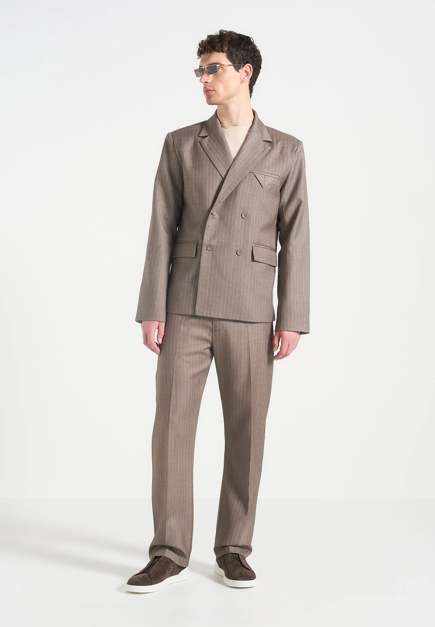 Didier - Double Breasted Pinstripe Suit Jacket - Taupe - Image 2