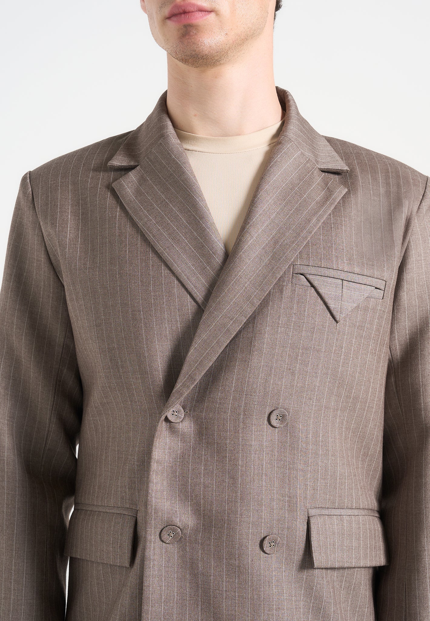 Didier - Double Breasted Pinstripe Suit Jacket - Taupe - Image 3