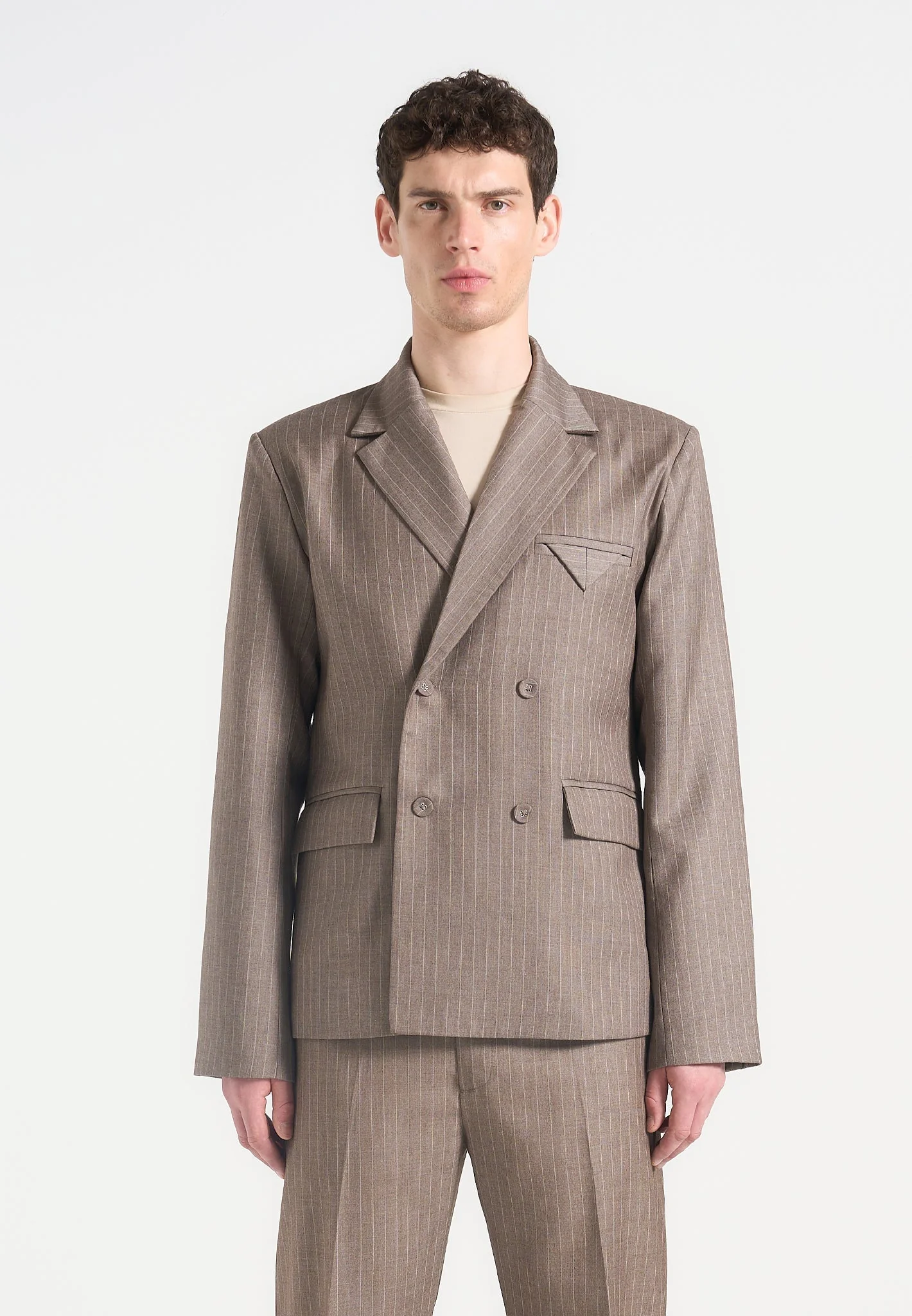 Didier - Double Breasted Pinstripe Suit Jacket - Taupe - Image 5