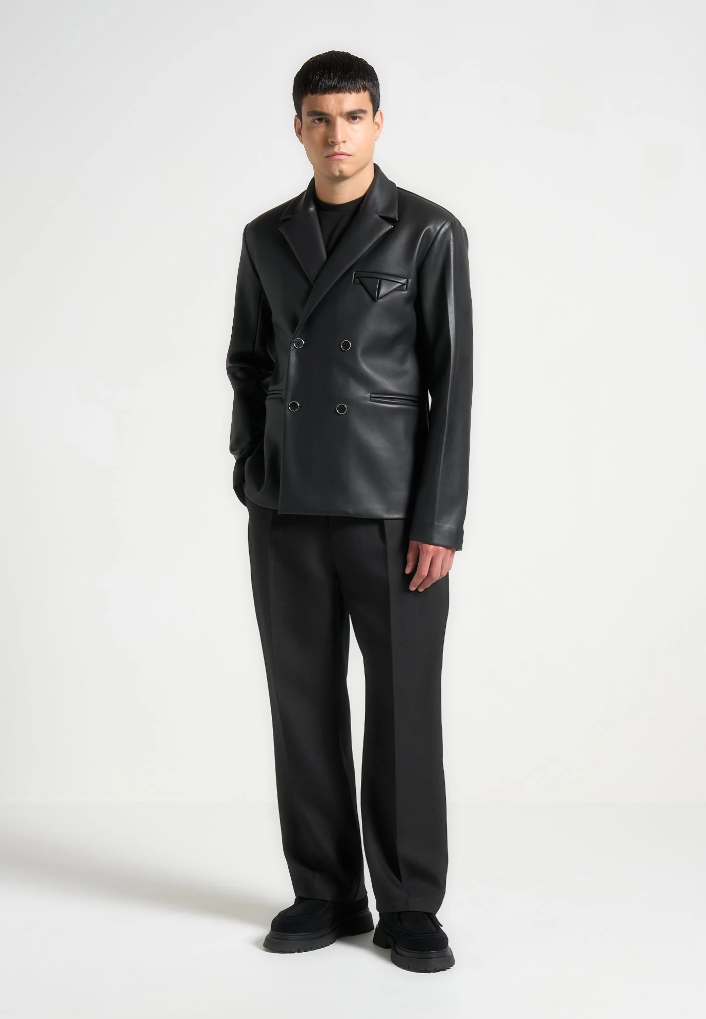 Didier - Double Breasted Leather Suit Jacket - Black - Image 2