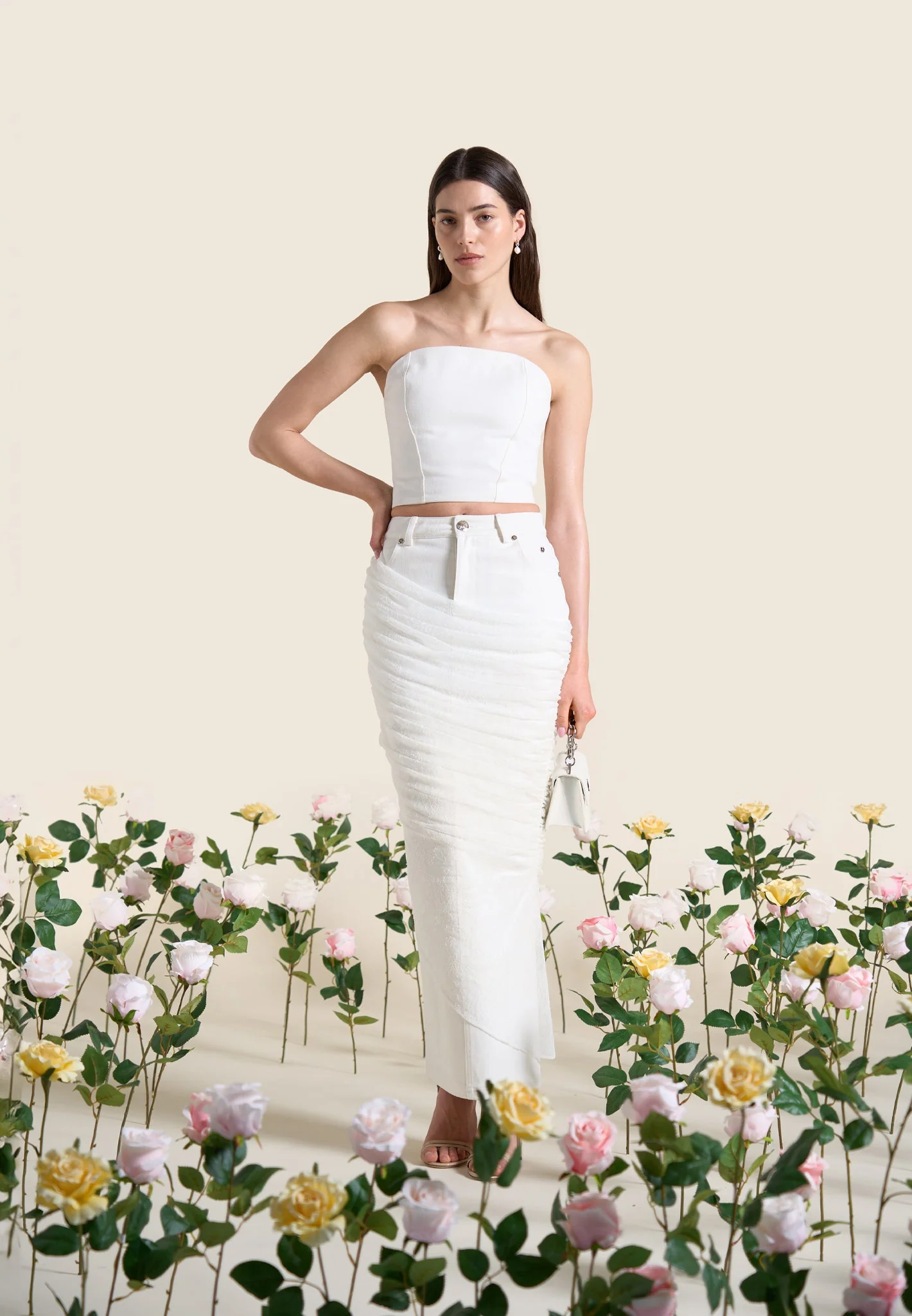 Draped Mesh Denim Maxi Skirt - Off White - Image 3