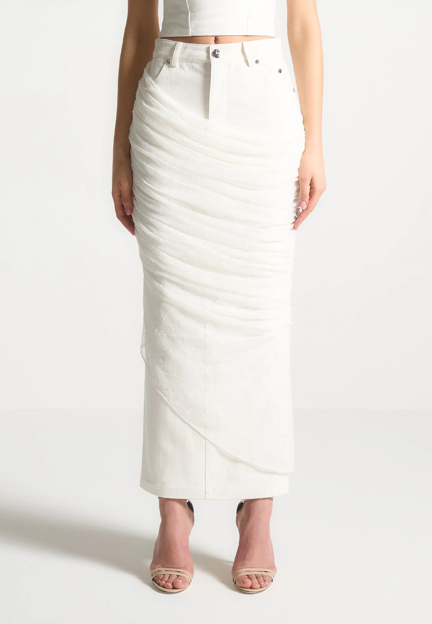 Draped Mesh Denim Maxi Skirt - Off White - Image 4