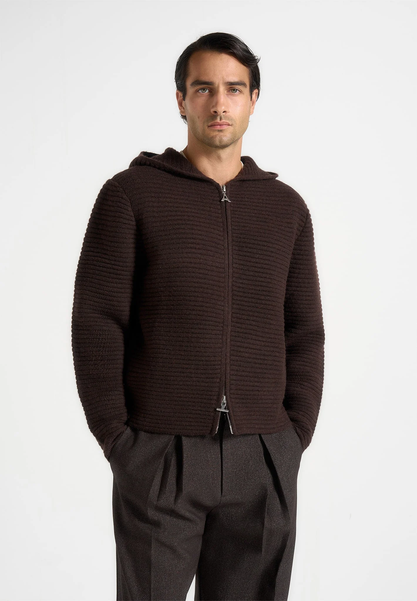 Eden - Unisex Ribbed Knit Zip Up Hoodie - Brown - Image 2