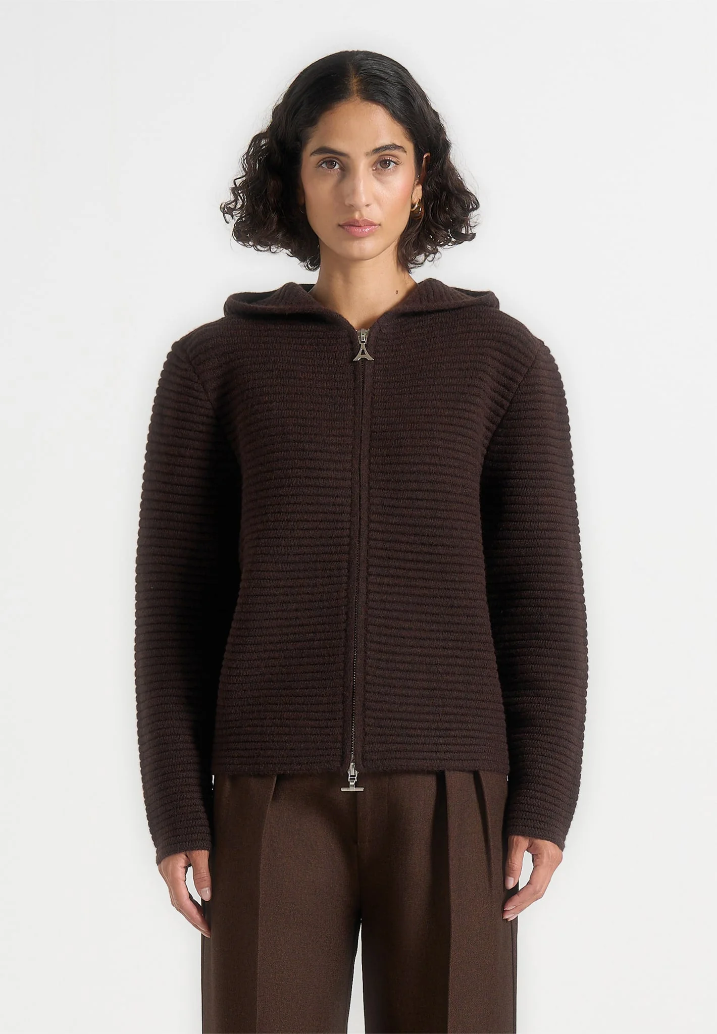Eden - Unisex Ribbed Knit Zip Up Hoodie - Brown - Image 5