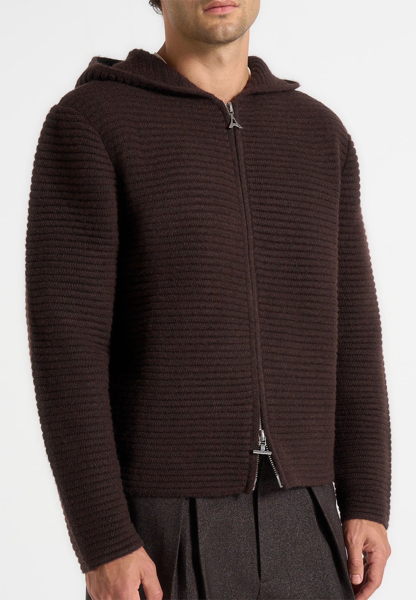 Eden - Unisex Ribbed Knit Zip Up Hoodie - Brown - Image 8