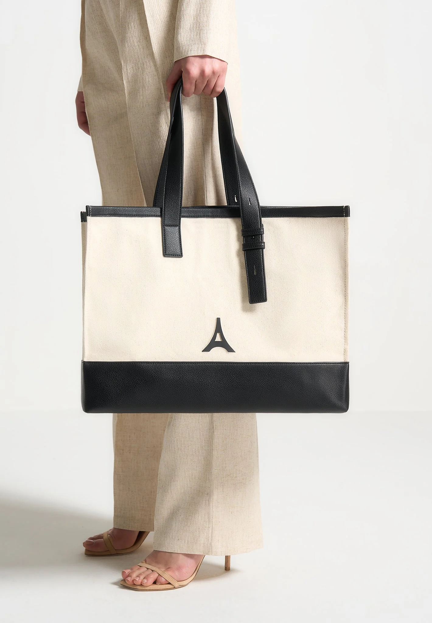 Romane - Eiffel Detail Canvas Tote Bag - Beige/Black - Image 2