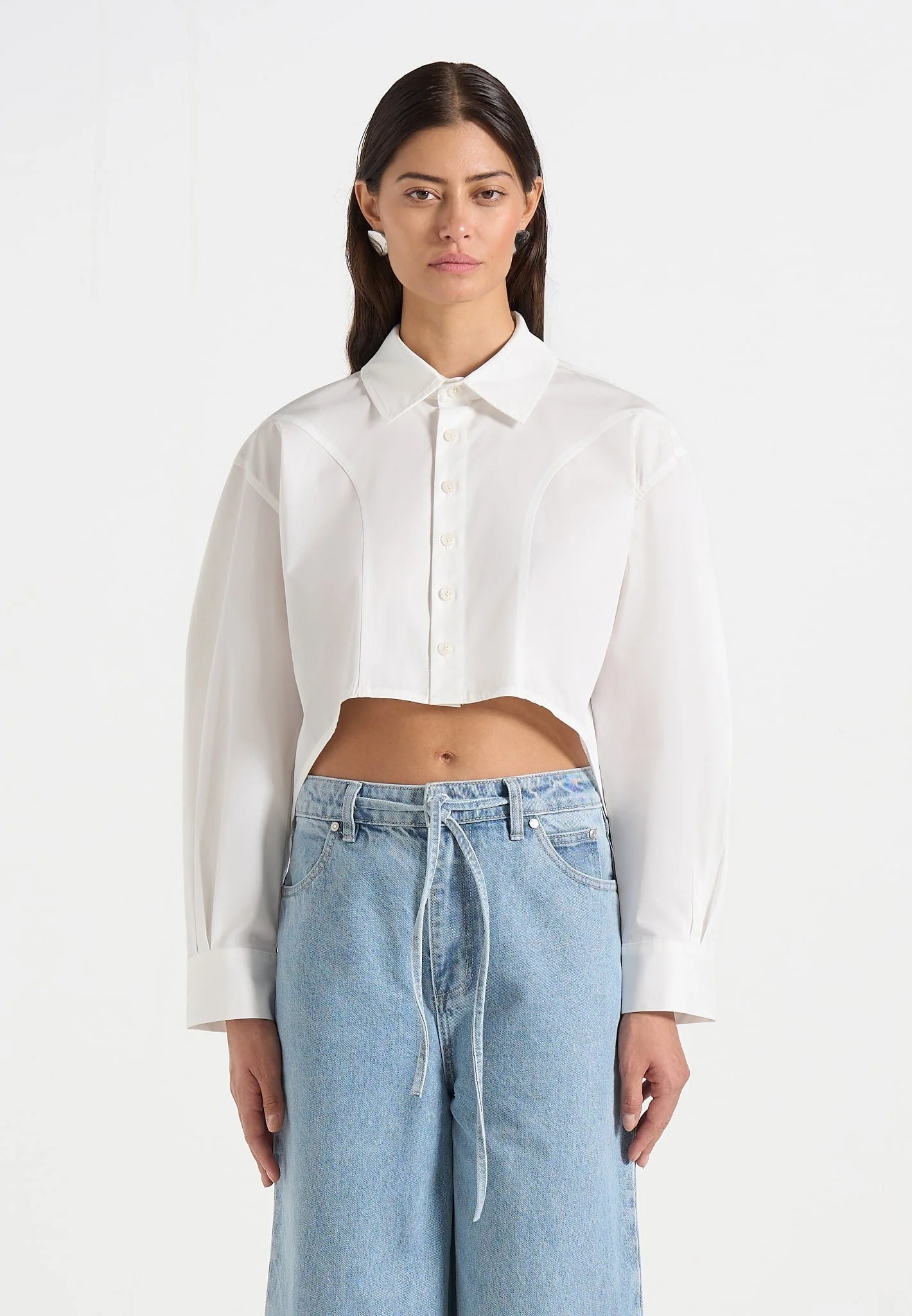 Eleni - Cropped Shirt With Balloon Sleeves - White - Image 4
