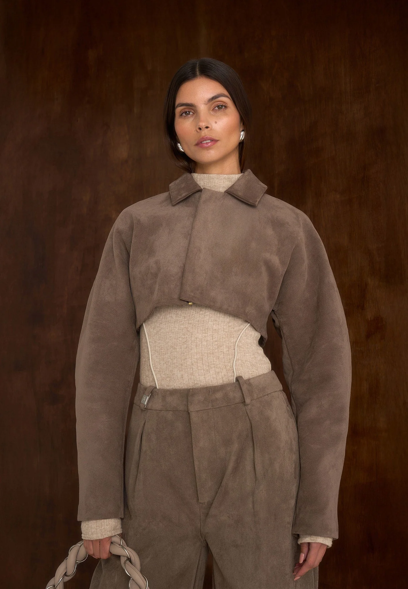 Elya - Suede Super Cropped Jacket - Taupe - Image 6