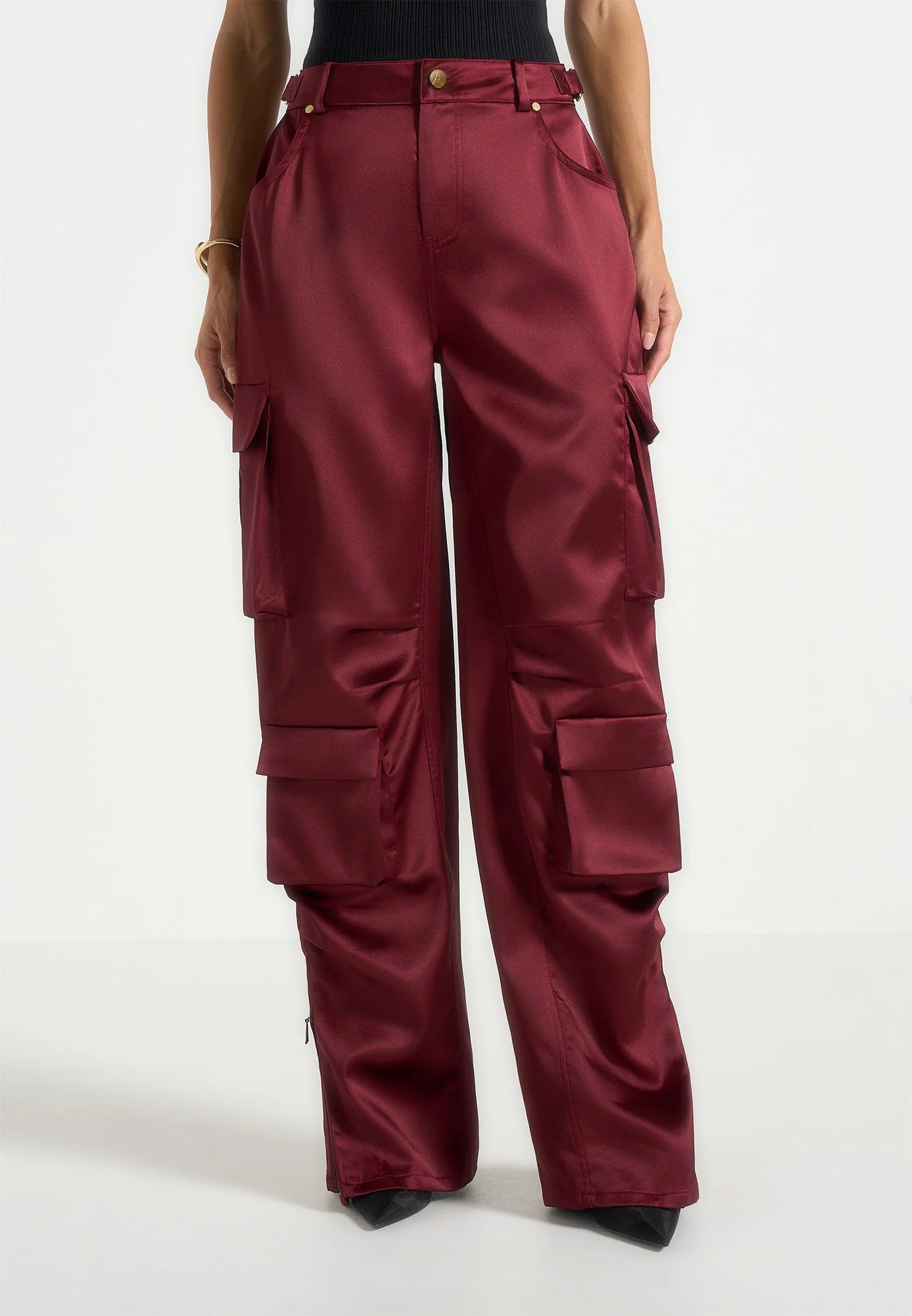 Emilie - Satin High Waisted Cargo Pants - Wine Red - Image 2